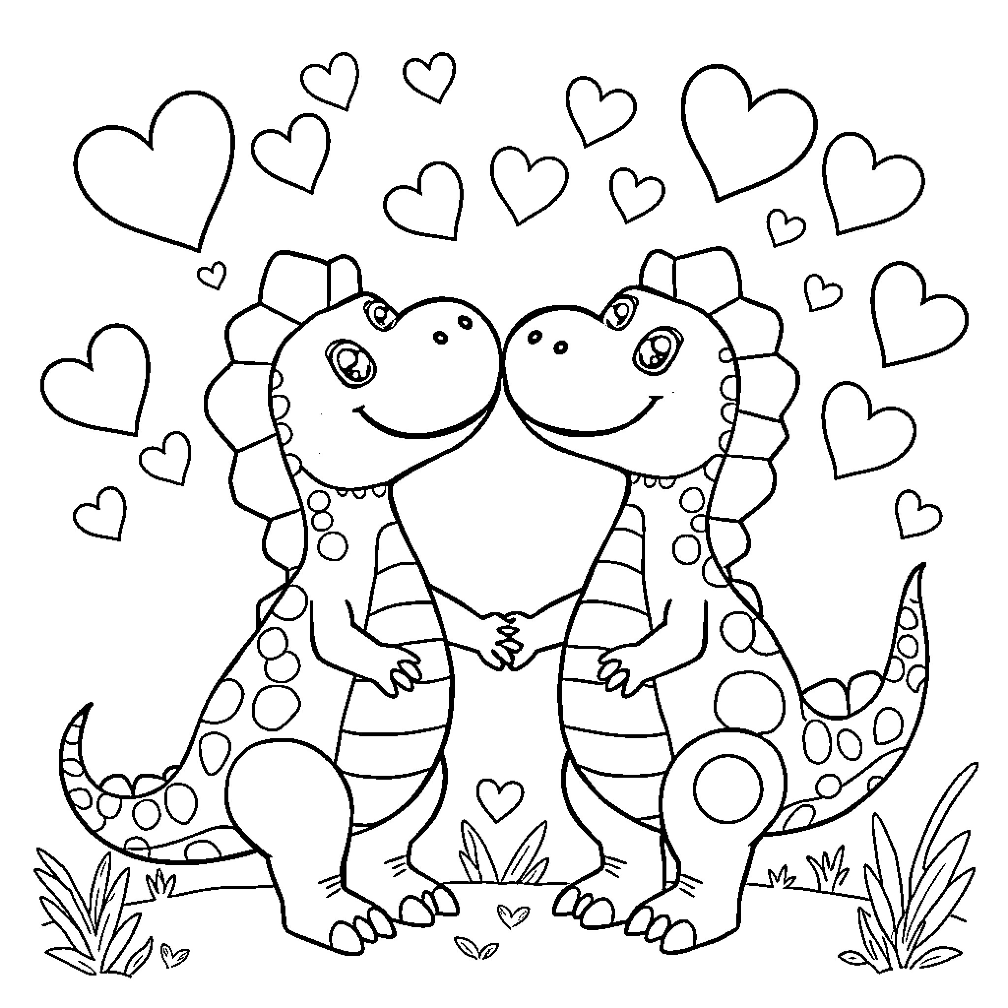 Dinosaur Lovers Embrace with Hearts Surrounding Them Coloring Page (free black-and-white line drawing printable PDF for all, from beginners to advanced learners, including children, teens, adults, and seniors)