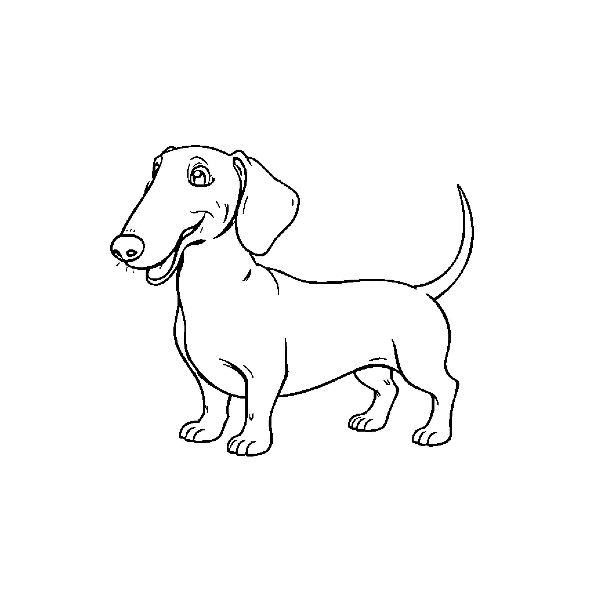 Dachshund standing happily Coloring Page (free black-and-white line drawing printable PDF for all, from beginners to advanced learners, including children, teens, adults, and seniors)