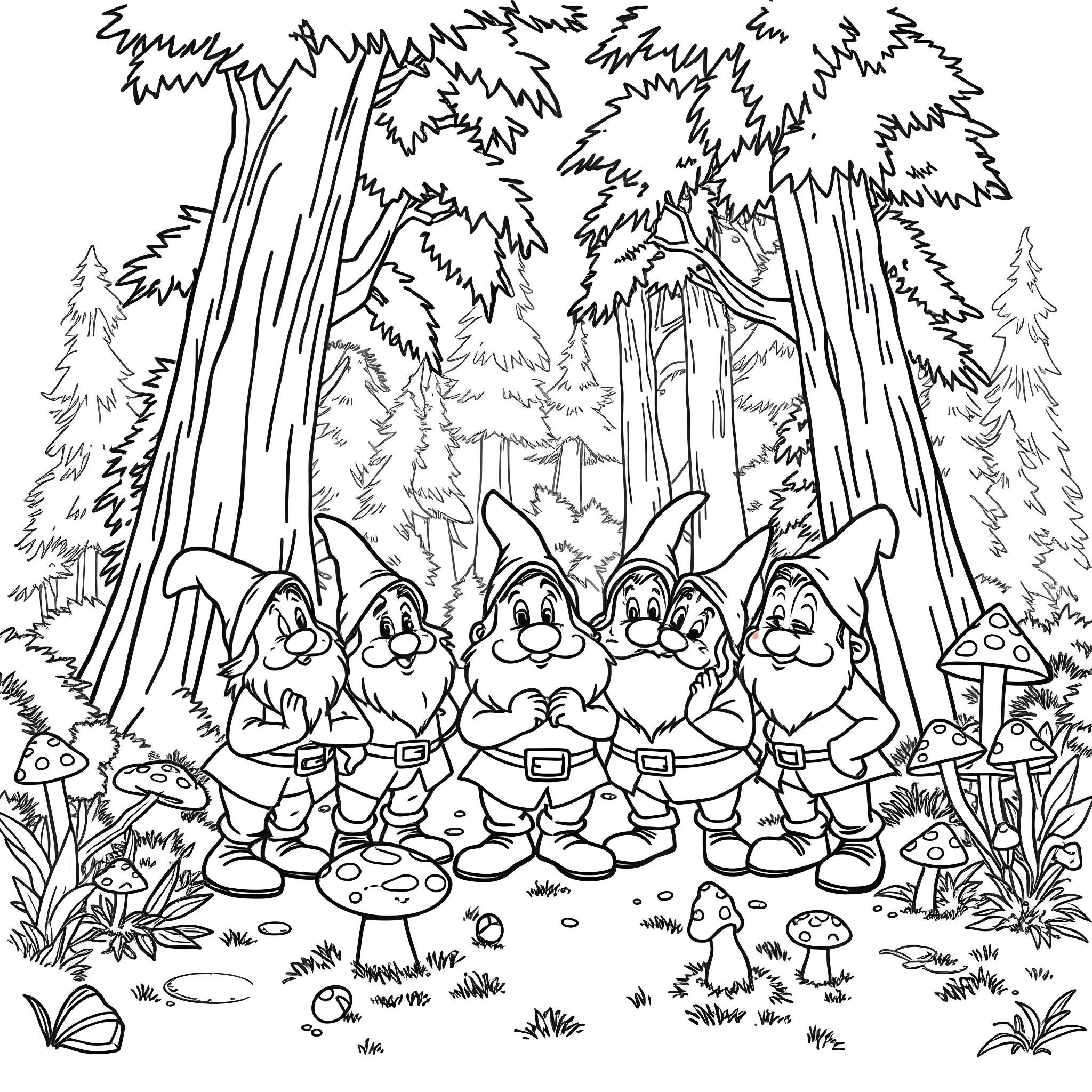 Dwarf characters in a whimsical forest scene Coloring Page (free black-and-white line drawing printable PDF for all, from beginners to advanced learners, including children, teens, adults, and seniors)