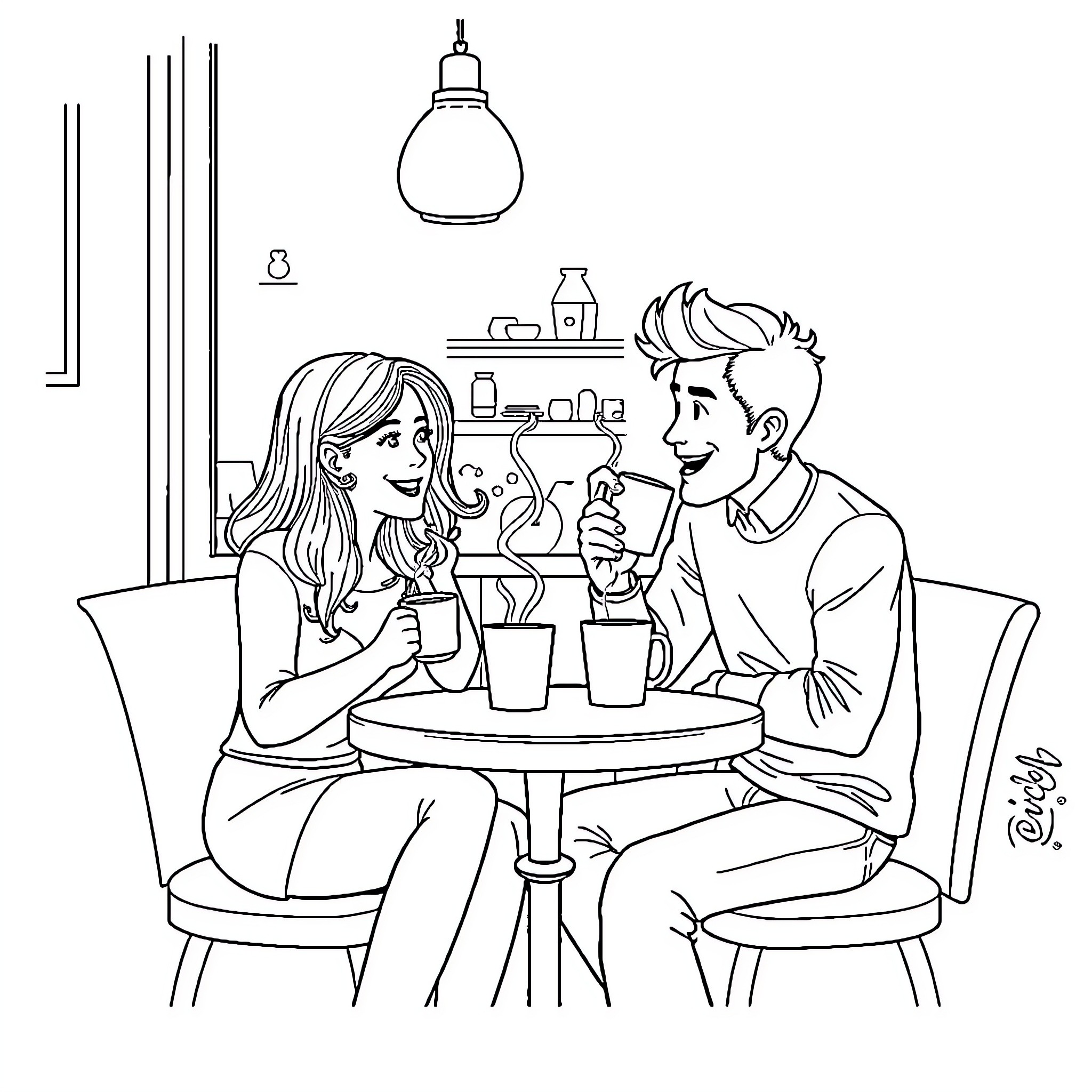 Toni Lodge enjoying coffee with a friend Coloring Page (free black-and-white line drawing printable PDF for all, from beginners to advanced learners, including children, teens, adults, and seniors)