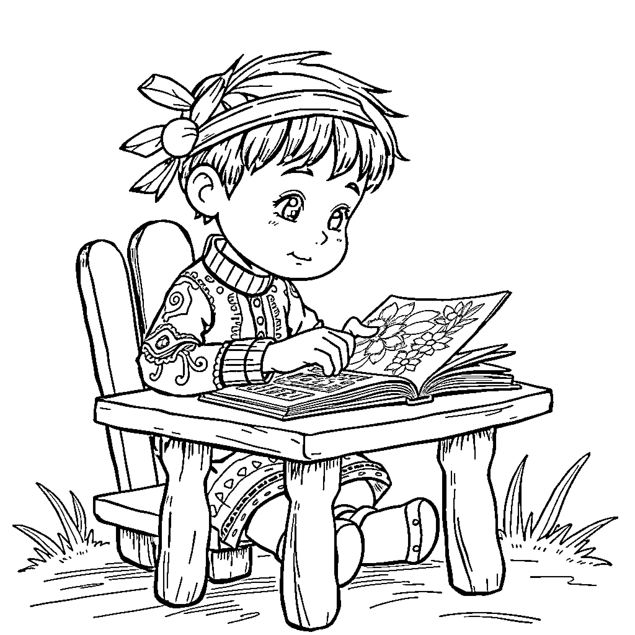 Udin enjoying a book outdoors Coloring Page (free black-and-white line drawing printable PDF for all, from beginners to advanced learners, including children, teens, adults, and seniors)