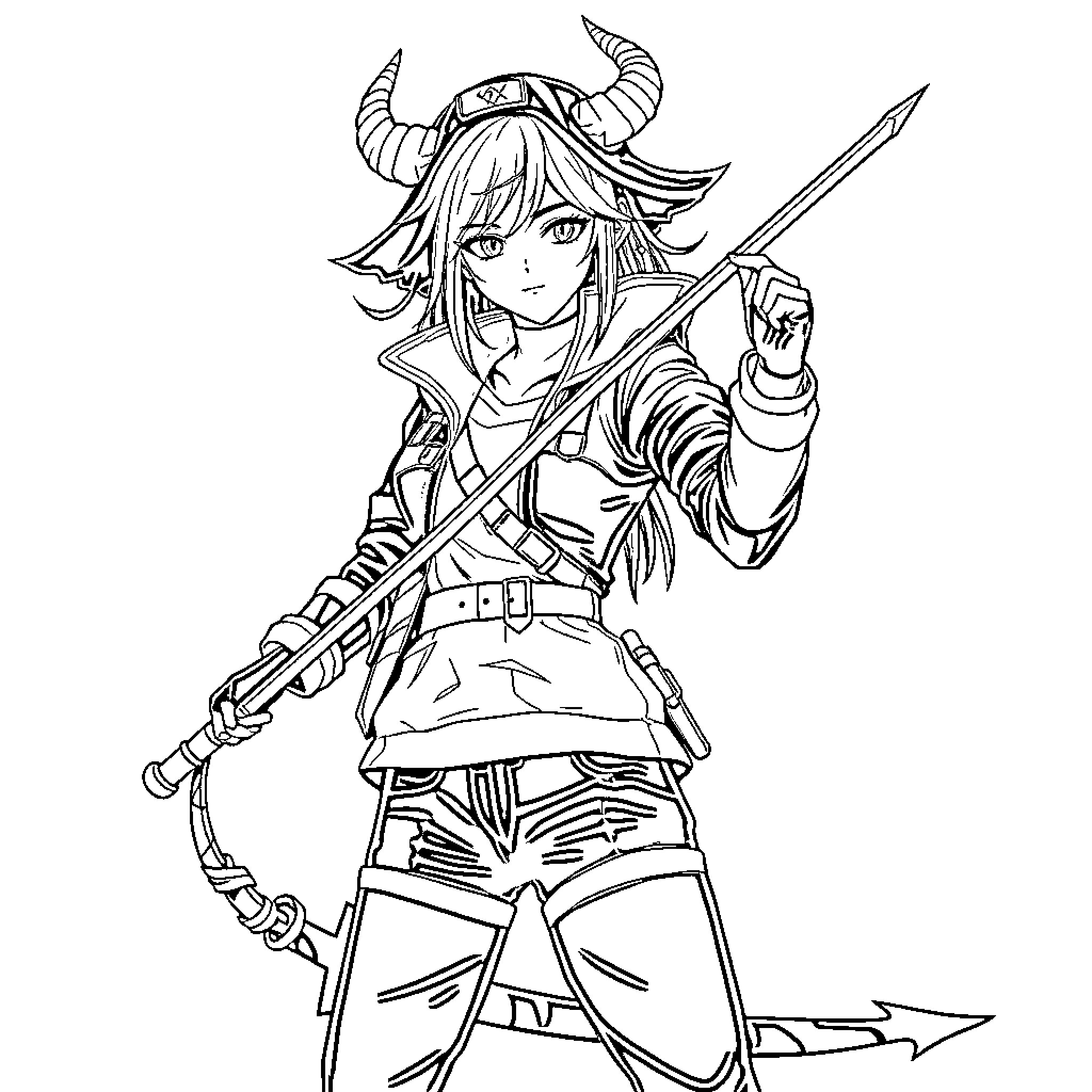 Rumi, the Fearless Warrior in Anime Style Coloring Page (free black-and-white line drawing printable PDF for all, from beginners to advanced learners, including children, teens, adults, and seniors)