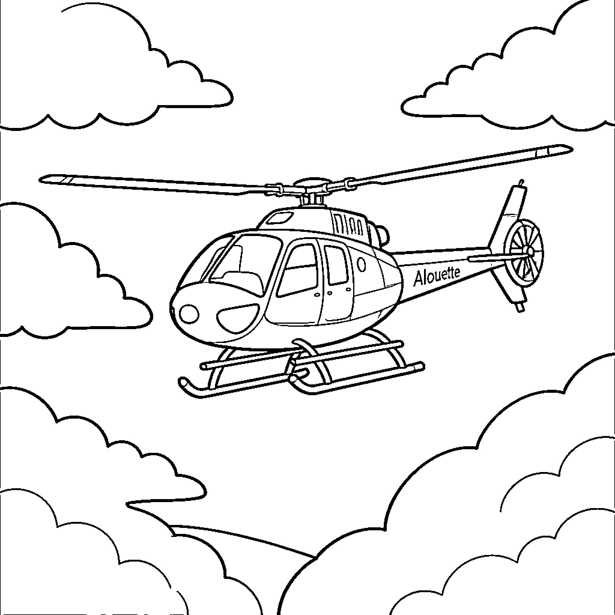 Alouette helicopter flying through the fluffy clouds Coloring Page (free black-and-white line drawing printable PDF for all, from beginners to advanced learners, including children, teens, adults, and seniors)