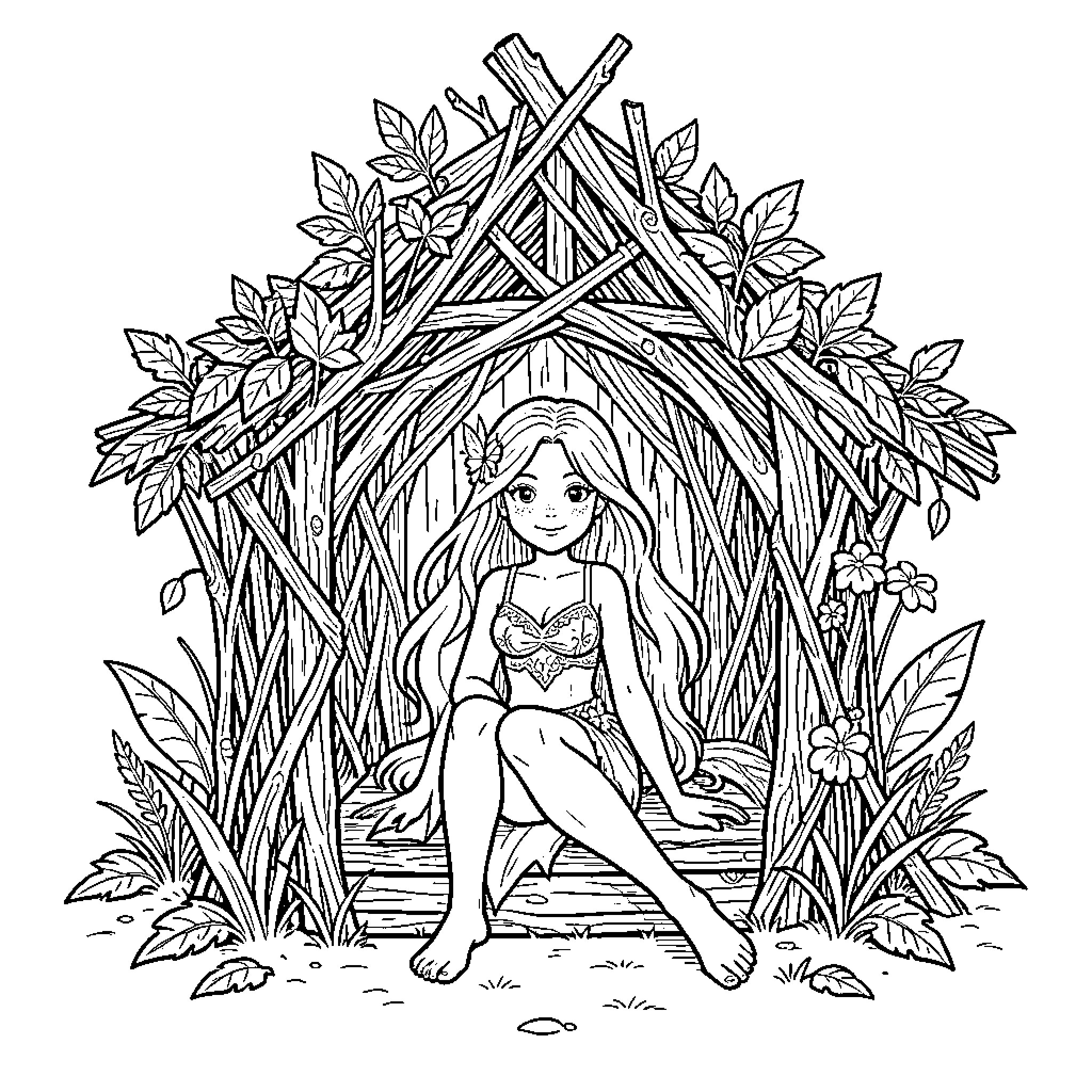 Ariel sitting peacefully inside a small woodland shelter Coloring Page (free black-and-white line drawing printable PDF for all, from beginners to advanced learners, including children, teens, adults, and seniors)