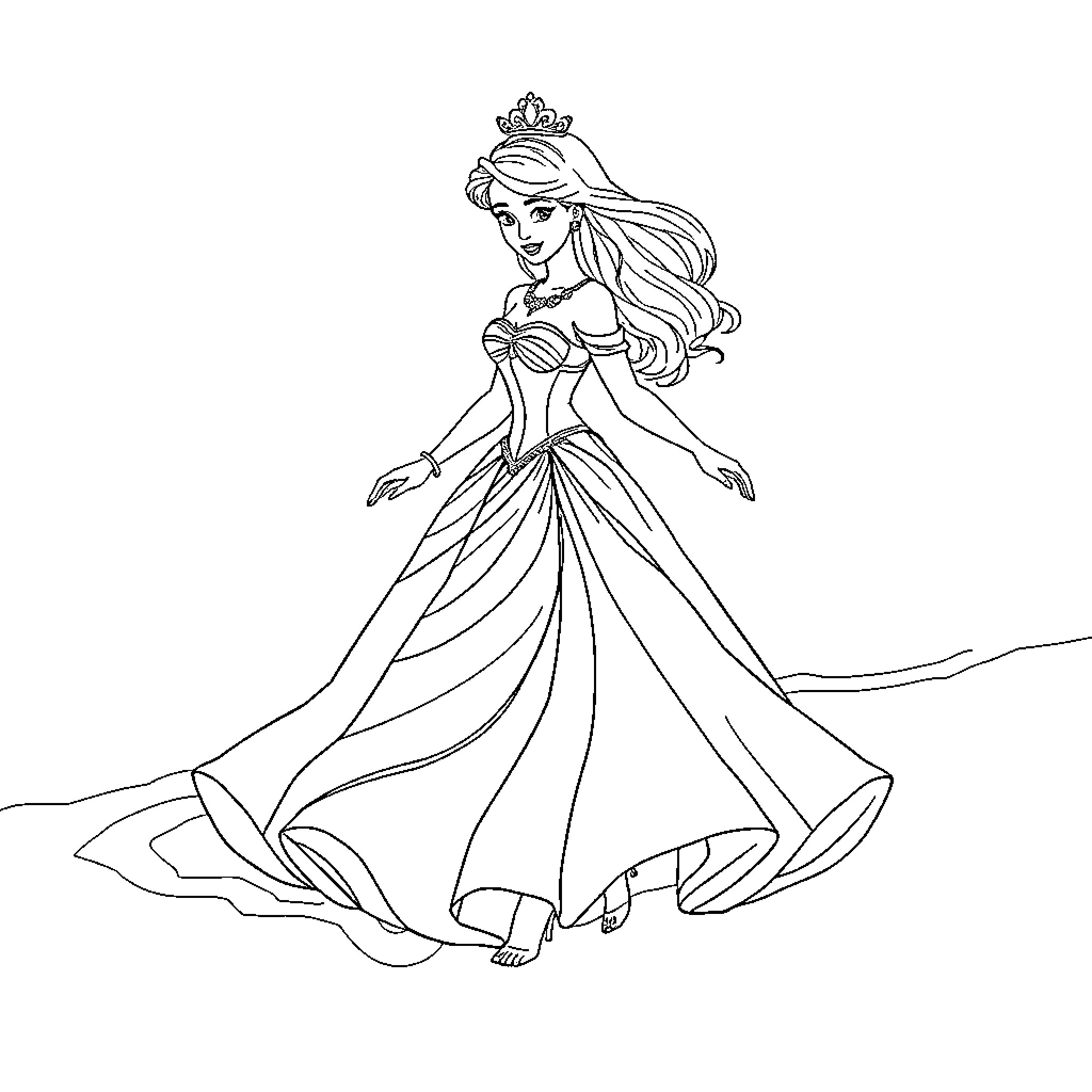 Princess in elegant ball gown dancing gracefully Coloring Page (free black-and-white line drawing printable PDF for all, from beginners to advanced learners, including children, teens, adults, and seniors)