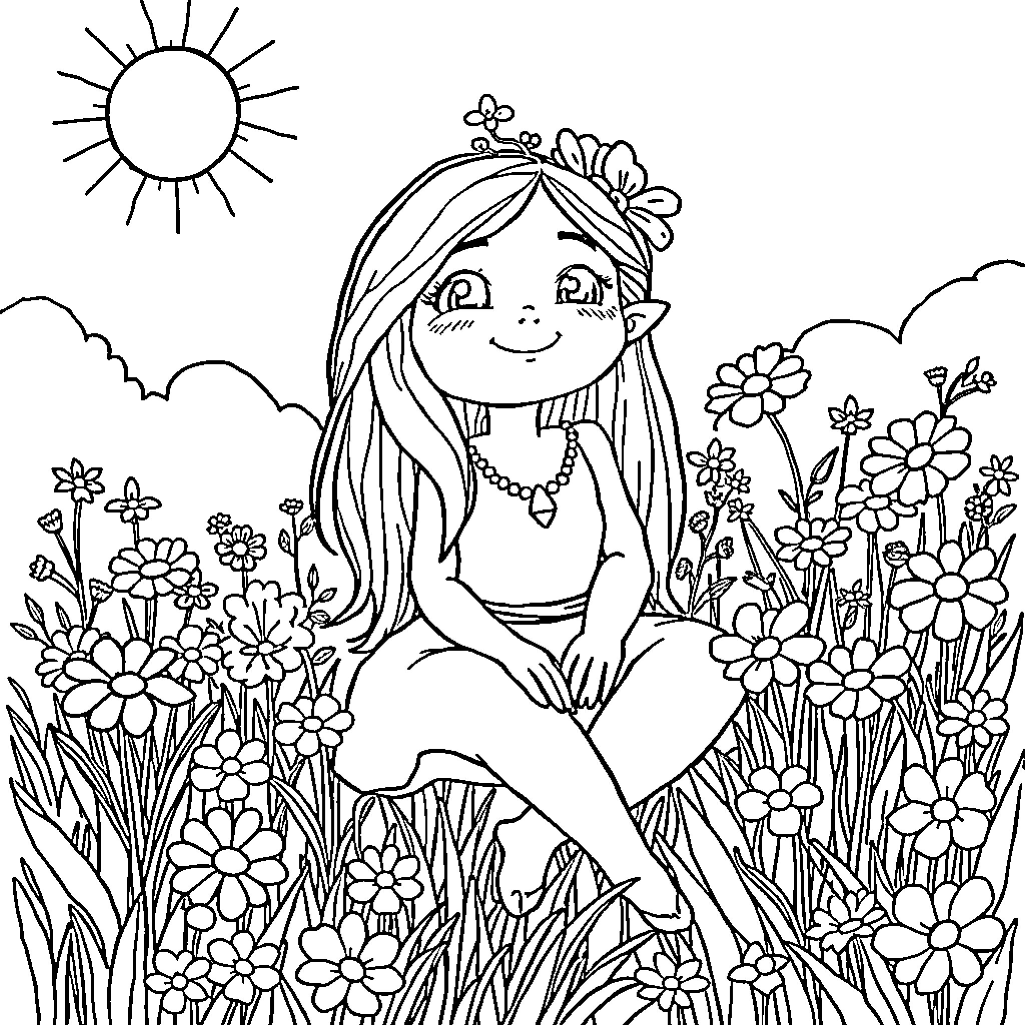 Snorkmaiden enjoying a sunny day in the meadow Coloring Page (free black-and-white line drawing printable PDF for all, from beginners to advanced learners, including children, teens, adults, and seniors)