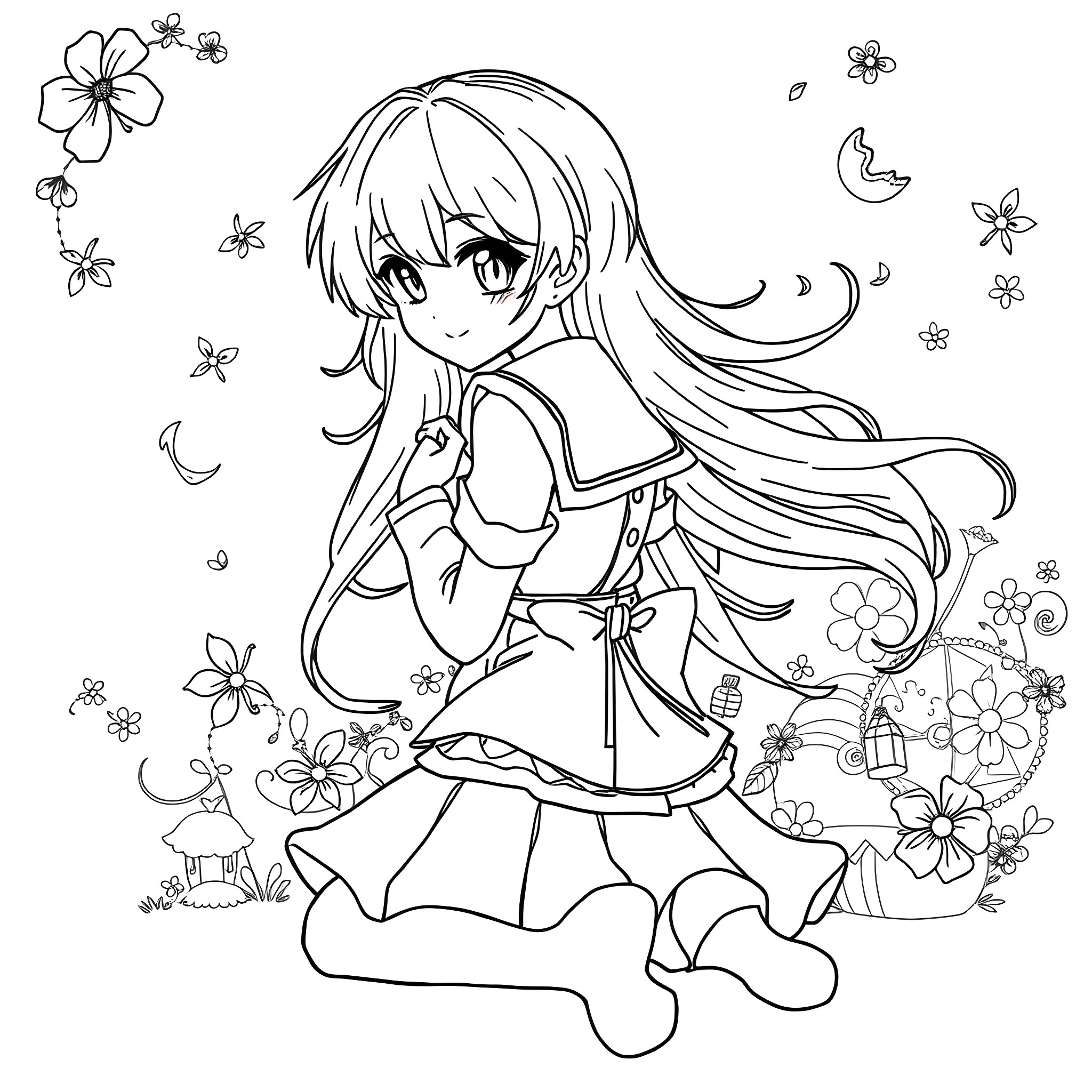 Anime girl surrounded by flowers and nature Coloring Page (free black-and-white line drawing printable PDF for all, from beginners to advanced learners, including children, teens, adults, and seniors)