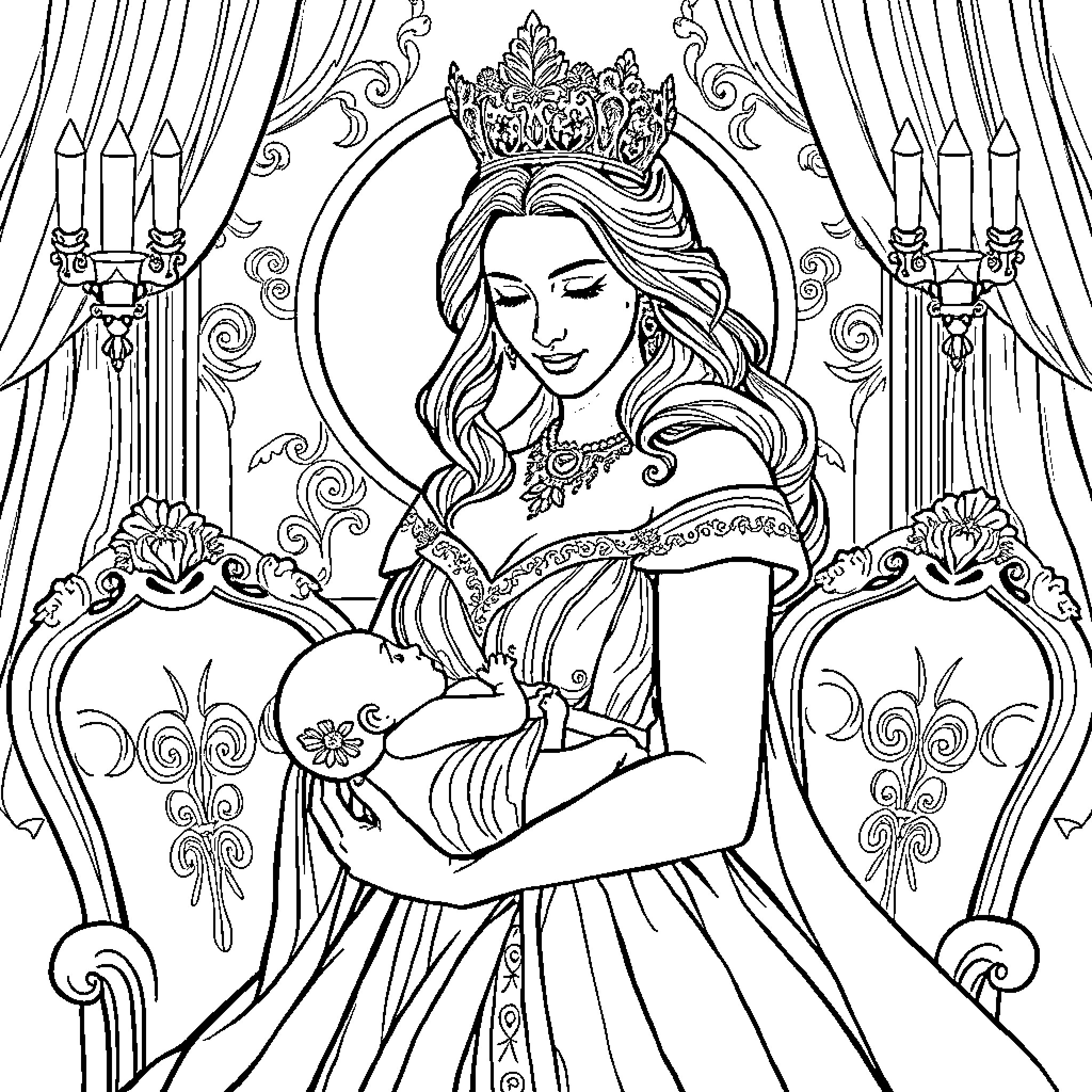 Queen posing in elegant dress and crown Coloring Page (free black-and-white line drawing printable PDF for all, from beginners to advanced learners, including children, teens, adults, and seniors)