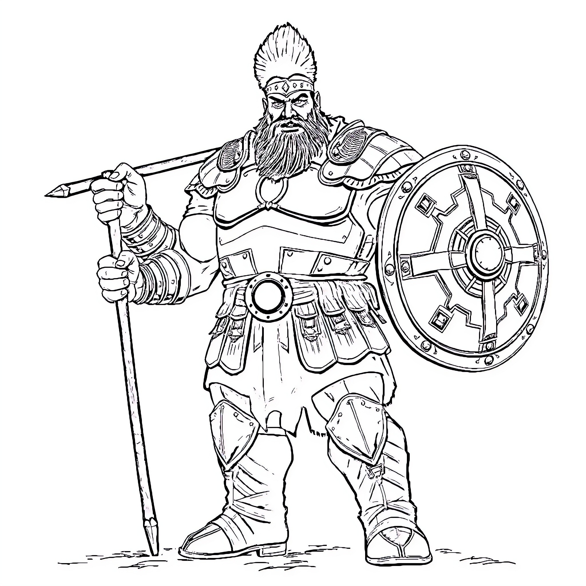 Goliath the Mighty Warrior Stands Ready for Battle Coloring Page (free black-and-white line drawing printable PDF for all, from beginners to advanced learners, including children, teens, adults, and seniors)