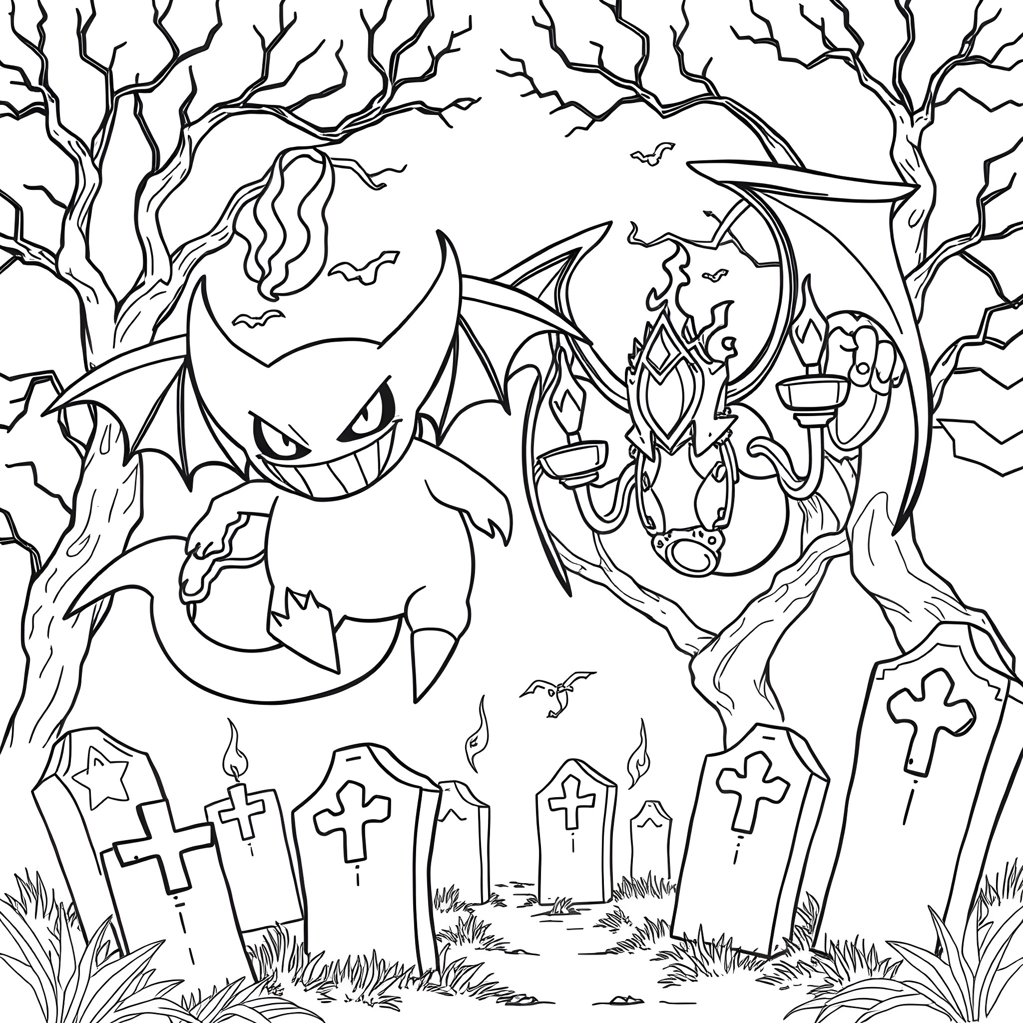Gengar in a haunting graveyard scene Coloring Page (free black-and-white line drawing printable PDF for all, from beginners to advanced learners, including children, teens, adults, and seniors)