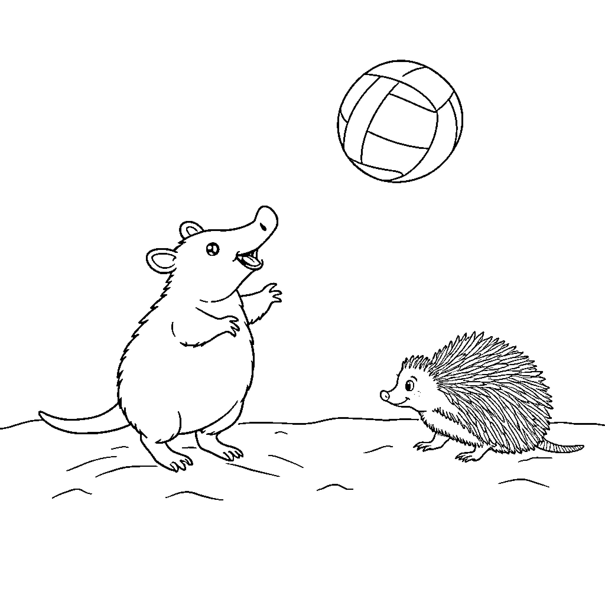 Platypus and Hedgehog Playing with Ball Coloring Page (free black-and-white line drawing printable PDF for all, from beginners to advanced learners, including children, teens, adults, and seniors)