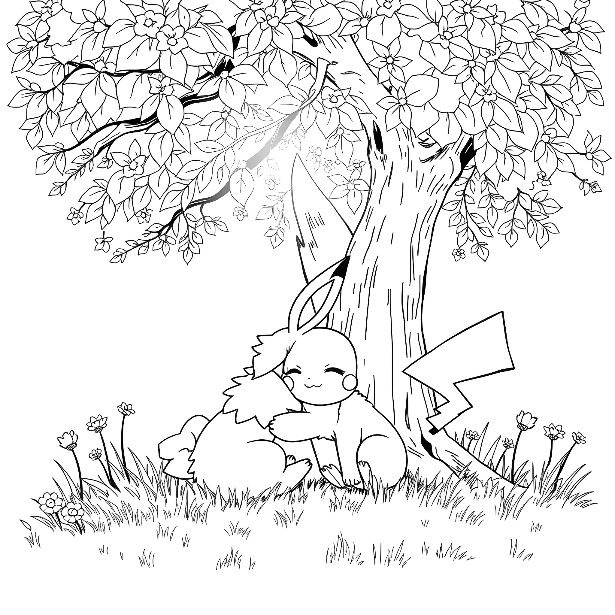 Eevee resting peacefully under a tree Coloring Page (free black-and-white line drawing printable PDF for all, from beginners to advanced learners, including children, teens, adults, and seniors)