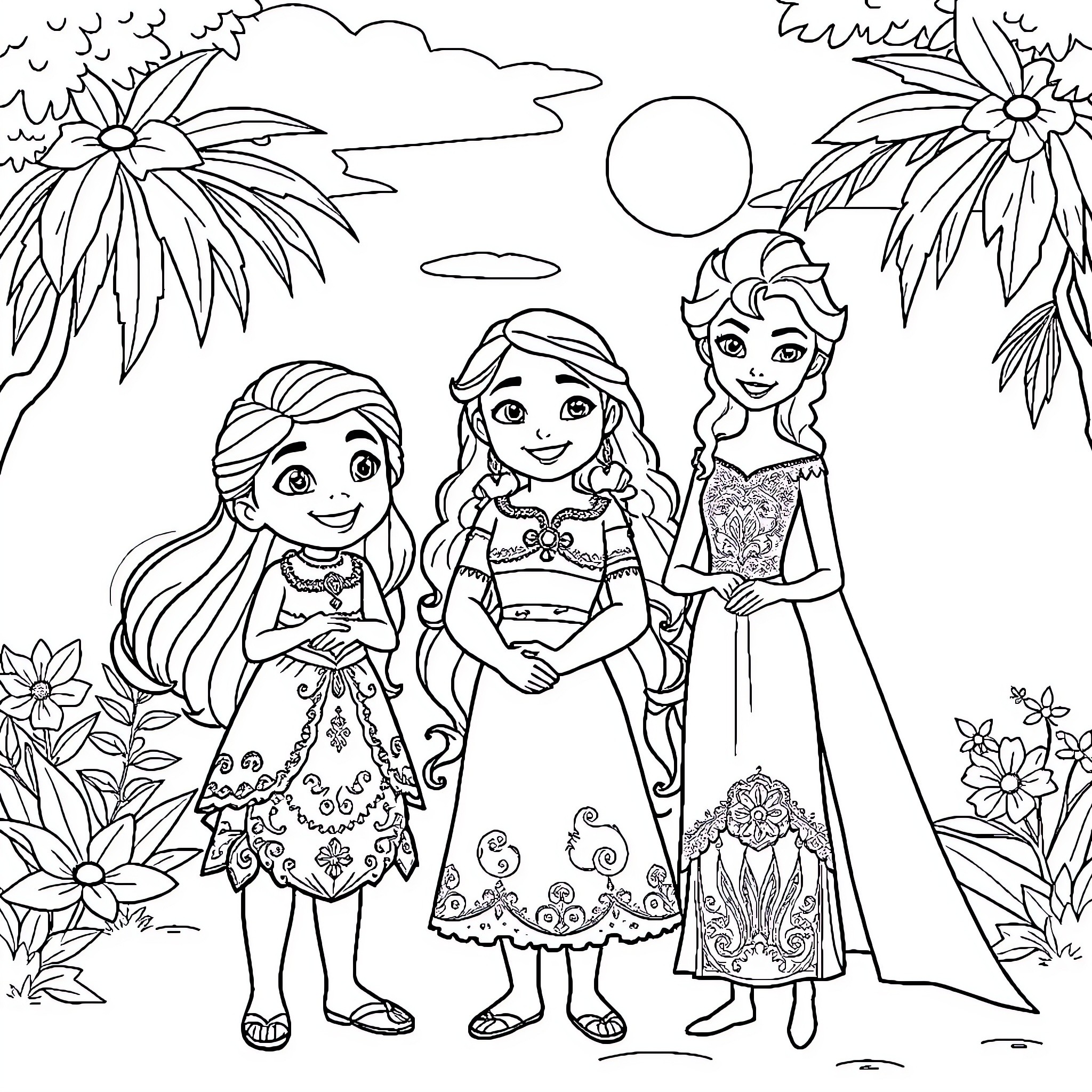 Isabella and Her Friends Explore the Tropical Garden Coloring Page (free black-and-white line drawing printable PDF for all, from beginners to advanced learners, including children, teens, adults, and seniors)