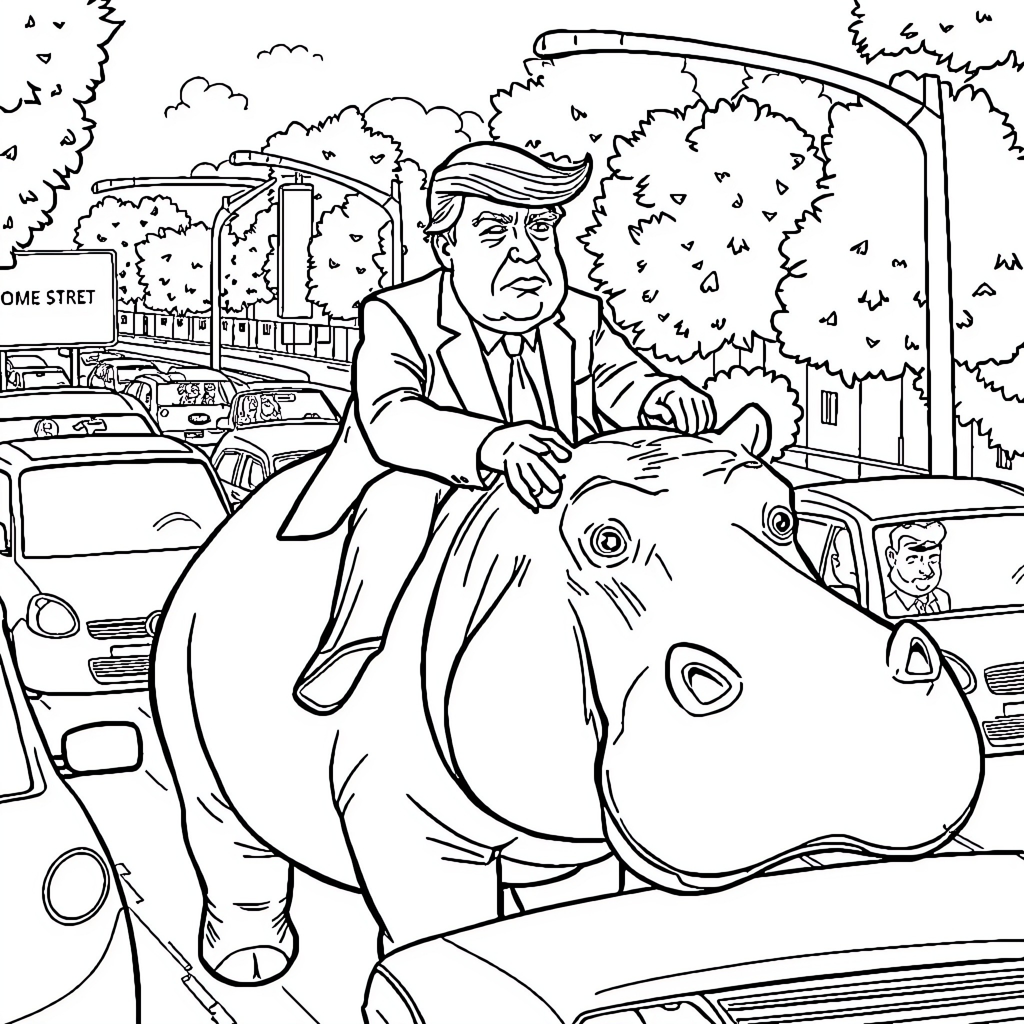 Trump riding a hippopotamus down the street Coloring Page (free black-and-white line drawing printable PDF for all, from beginners to advanced learners, including children, teens, adults, and seniors)