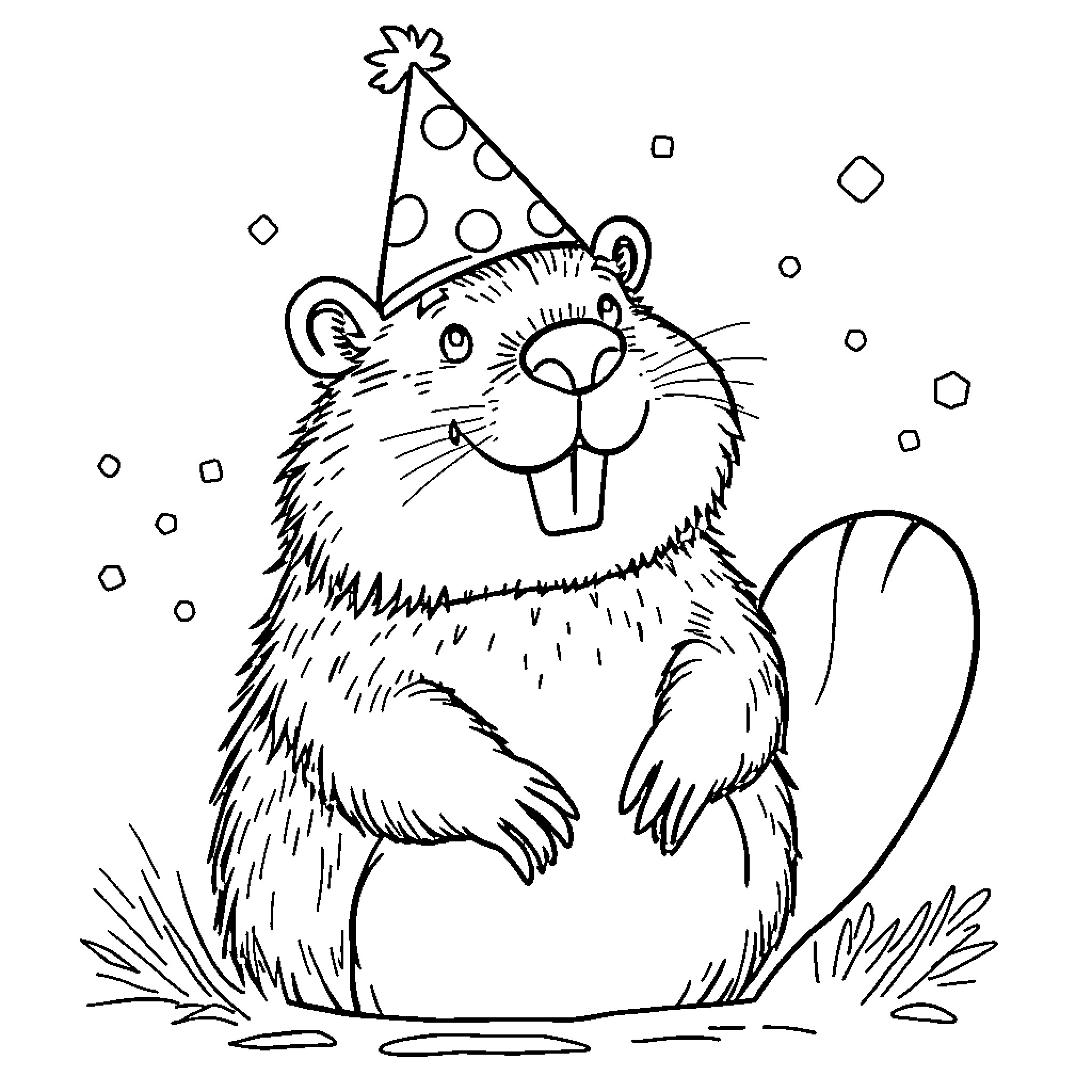 Beaver Celebrating with Party Hat and Ball Coloring Page (free black-and-white line drawing printable PDF for all, from beginners to advanced learners, including children, teens, adults, and seniors)