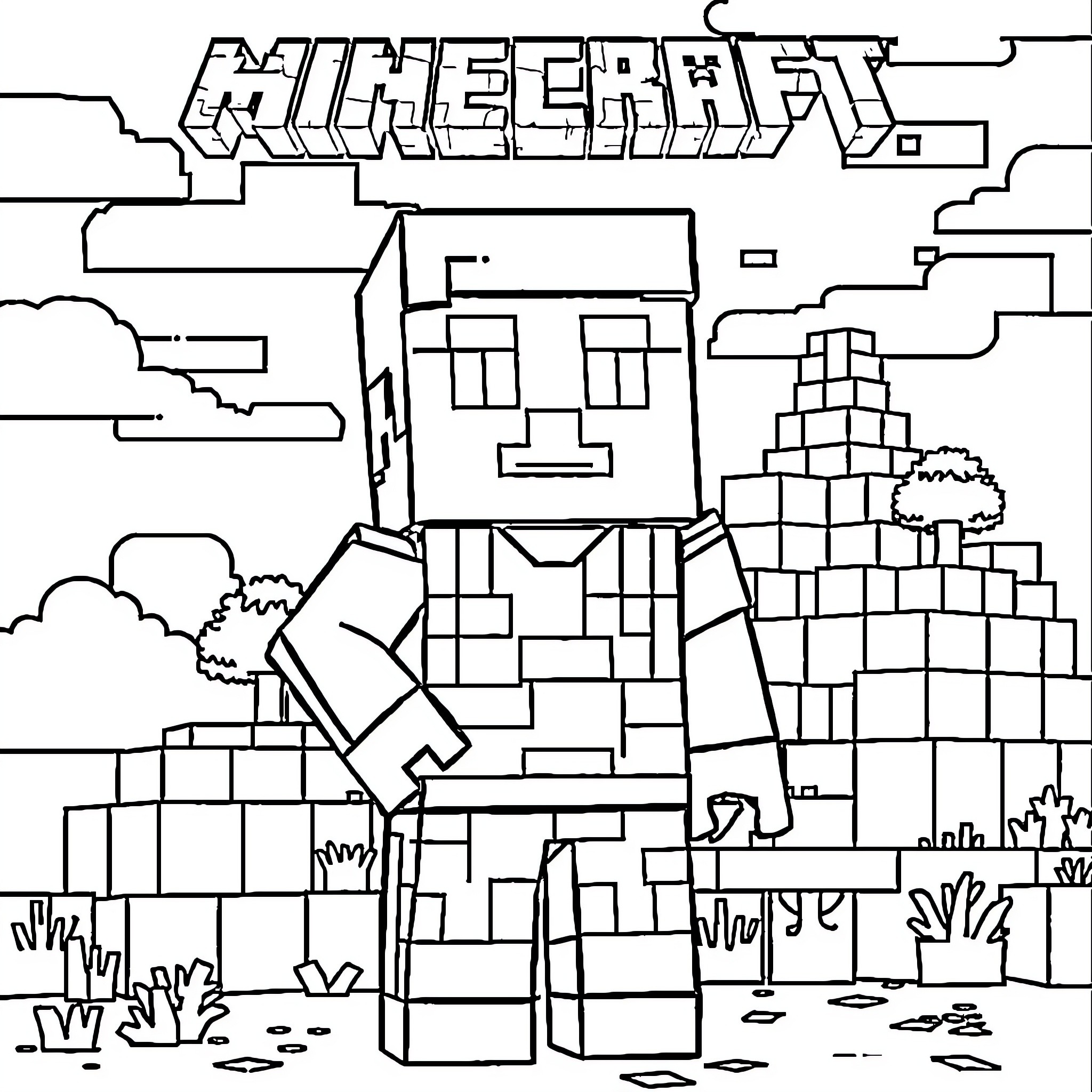 Steve's Minecraft Adventure in a Pixelated World Coloring Page (free black-and-white line drawing printable PDF for all, from beginners to advanced learners, including children, teens, adults, and seniors)