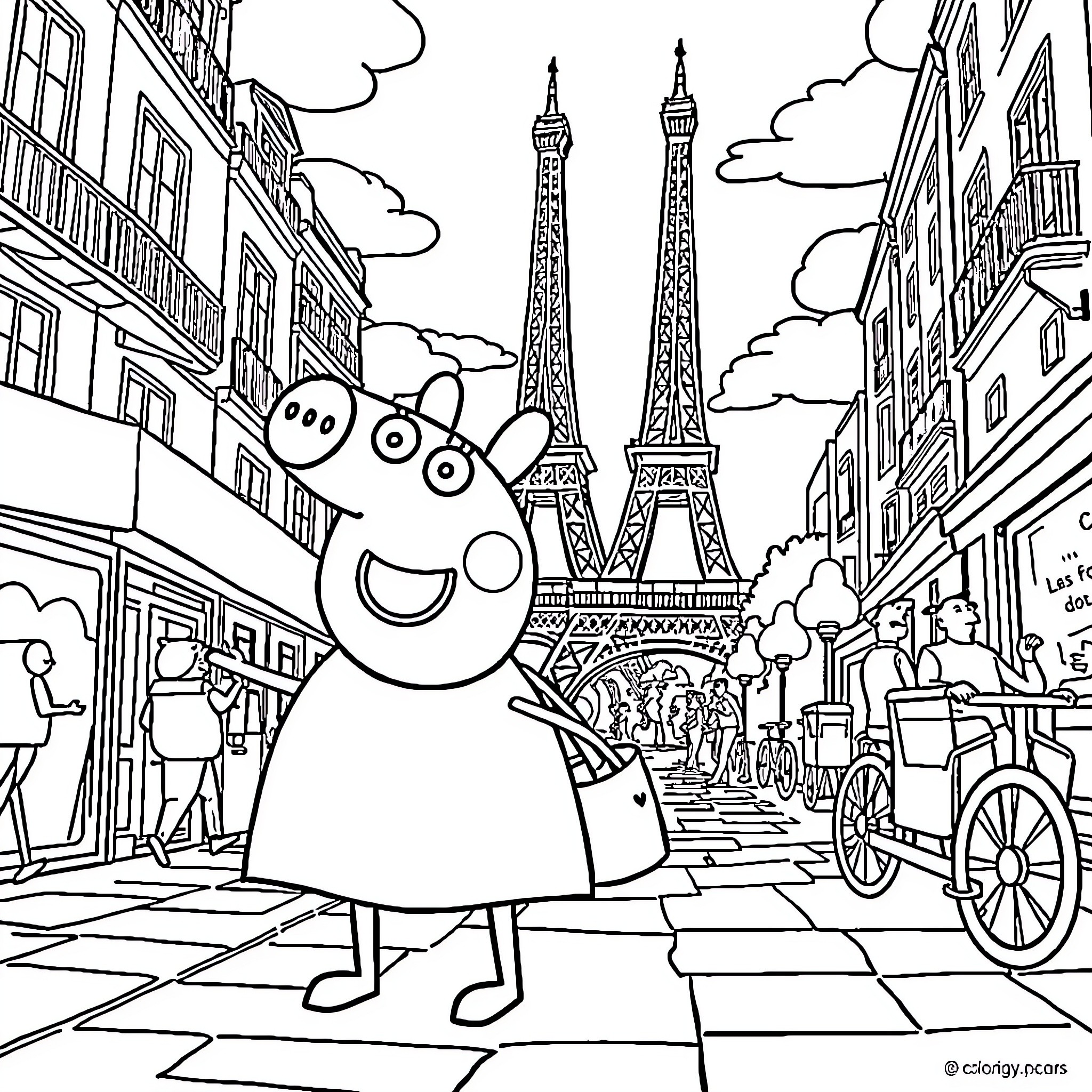 Peppa Pig exploring the streets of Paris Coloring Page (free black-and-white line drawing printable PDF for all, from beginners to advanced learners, including children, teens, adults, and seniors)