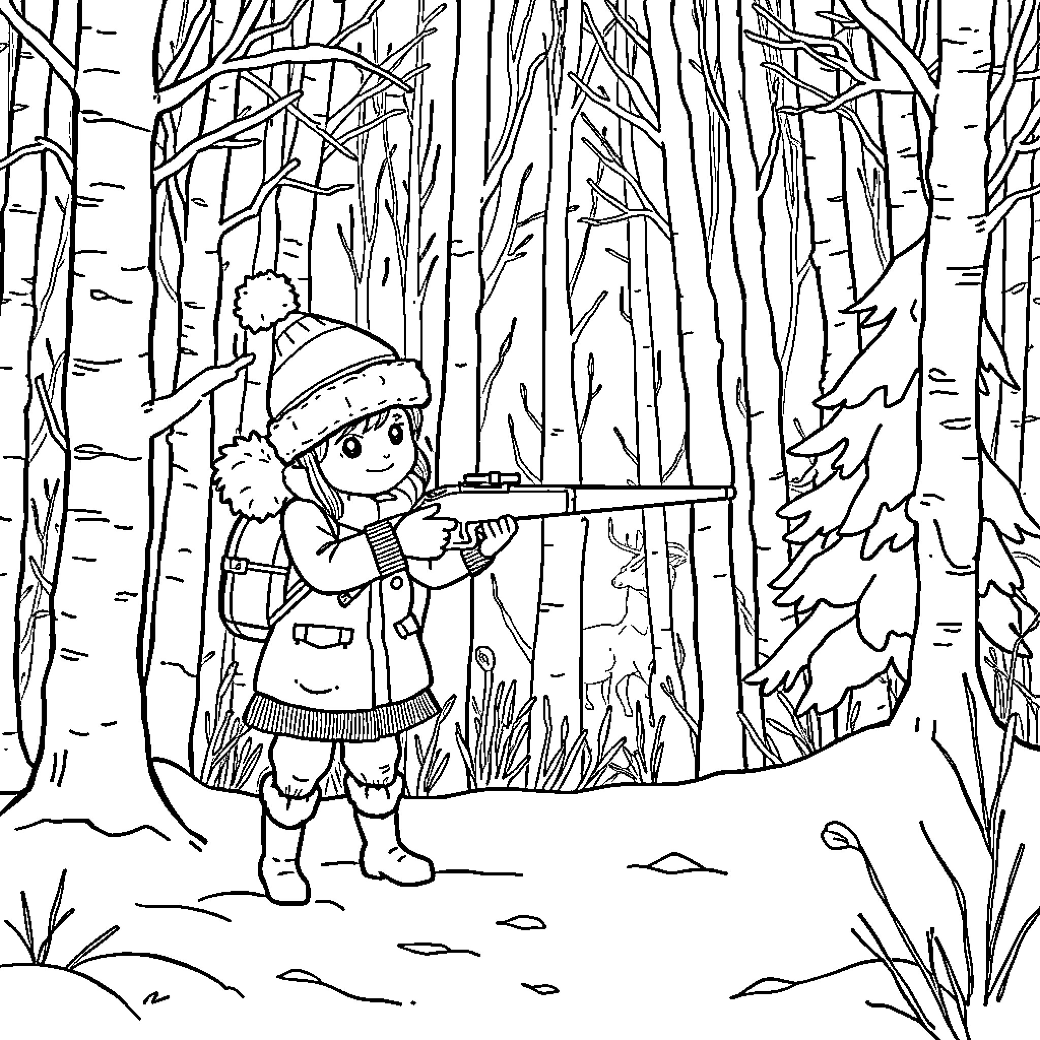 Deer Hunting in the Snowy Forest Coloring Page (free black-and-white line drawing printable PDF for all, from beginners to advanced learners, including children, teens, adults, and seniors)