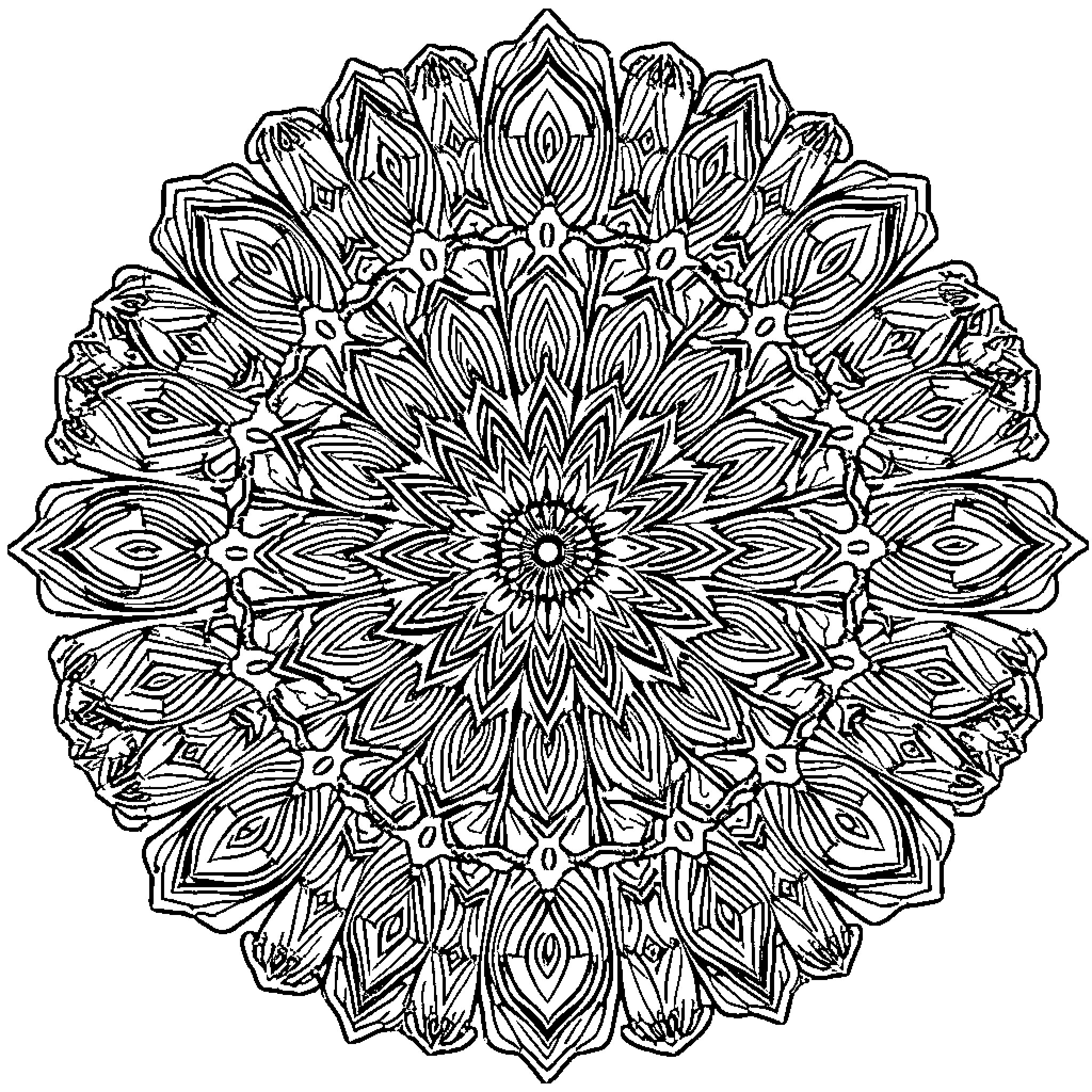 Mandalas of intricate floral patterns Coloring Page (free black-and-white line drawing printable PDF for all, from beginners to advanced learners, including children, teens, adults, and seniors)