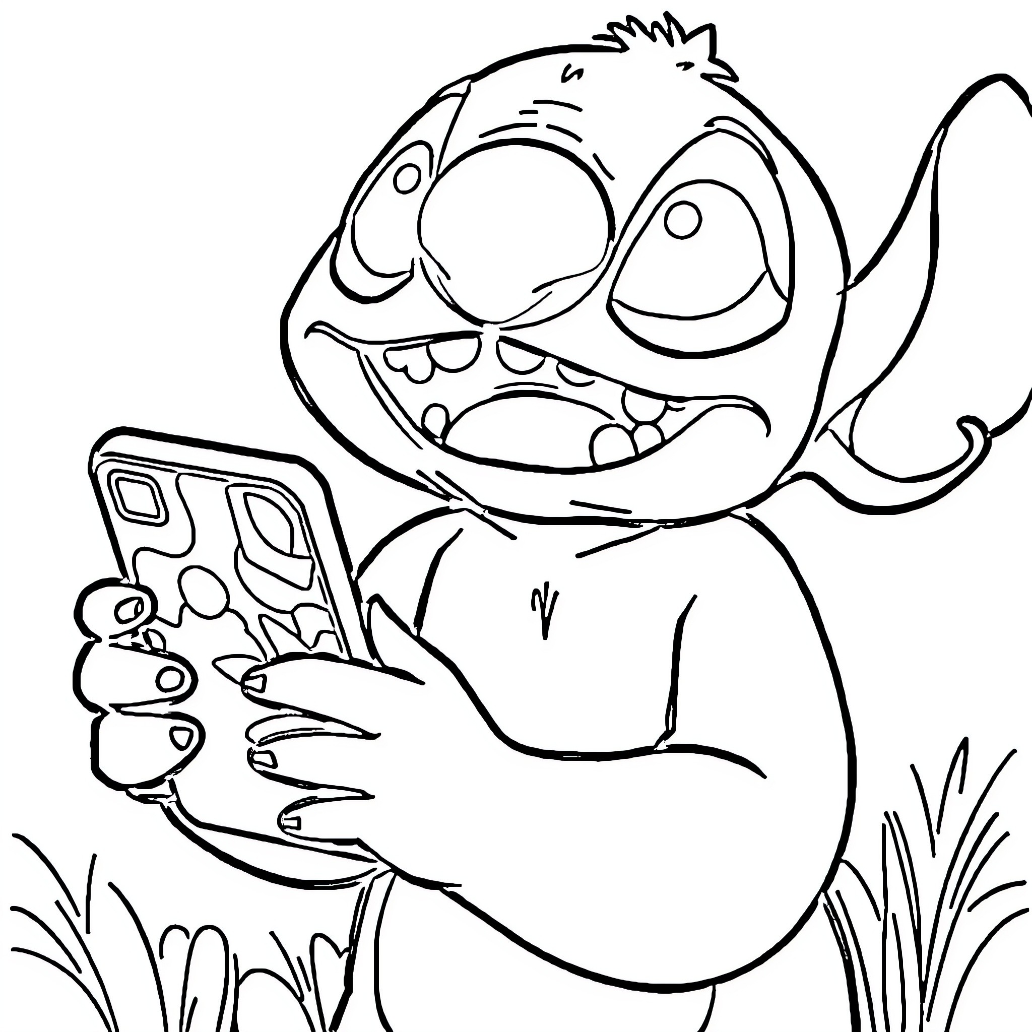 Stitch playing video game on portable device Coloring Page (free black-and-white line drawing printable PDF for all, from beginners to advanced learners, including children, teens, adults, and seniors)