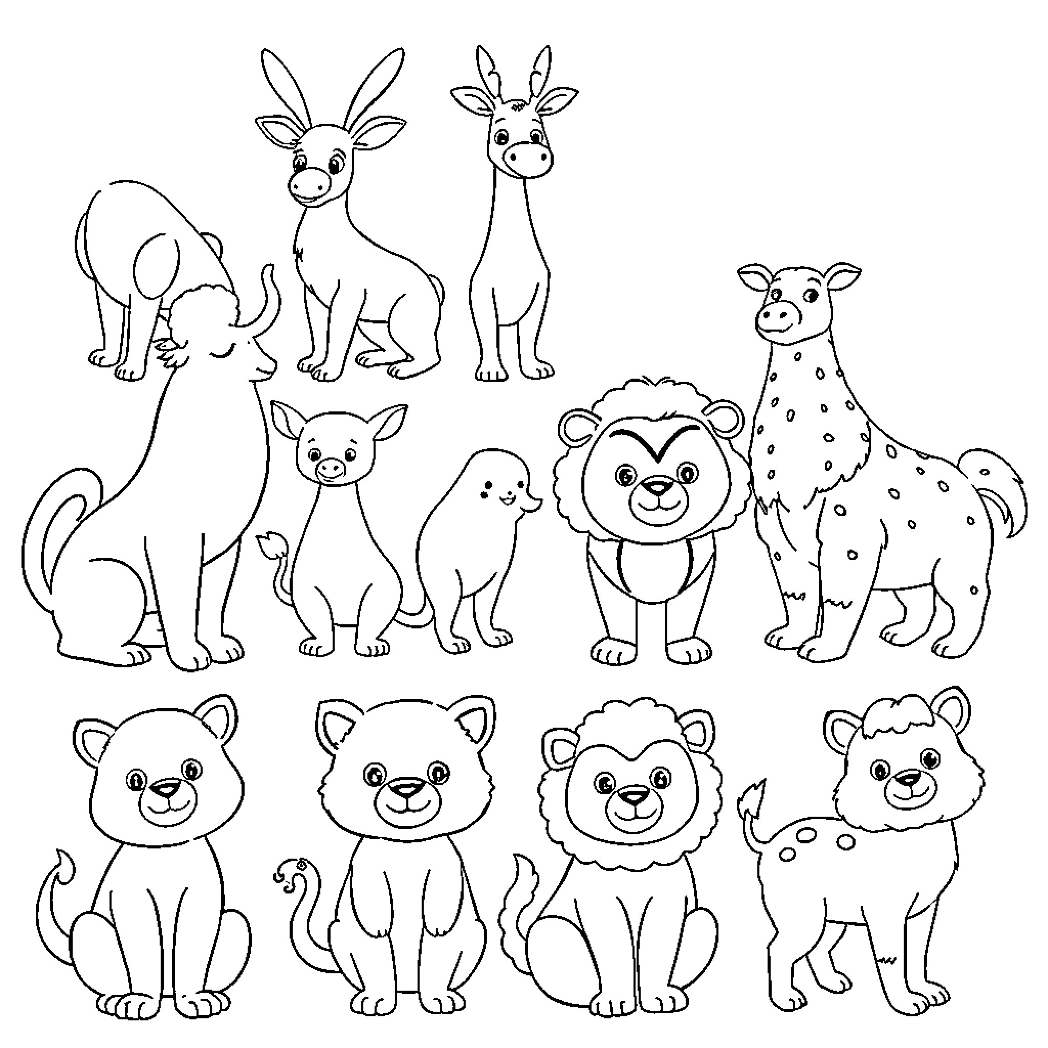 Animal drawings of various cute creatures Coloring Page (free black-and-white line drawing printable PDF for all, from beginners to advanced learners, including children, teens, adults, and seniors)