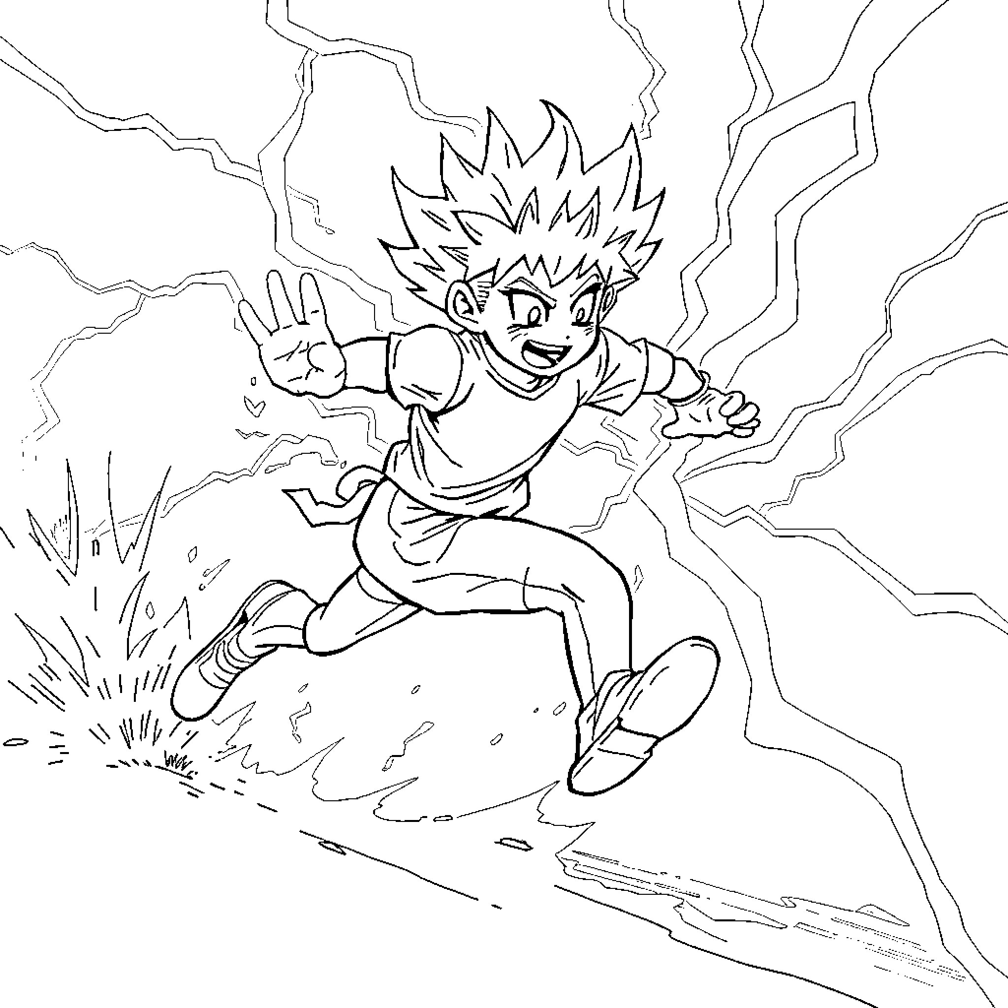 Killua's Energetic Adventure Coloring Page (free black-and-white line drawing printable PDF for all, from beginners to advanced learners, including children, teens, adults, and seniors)