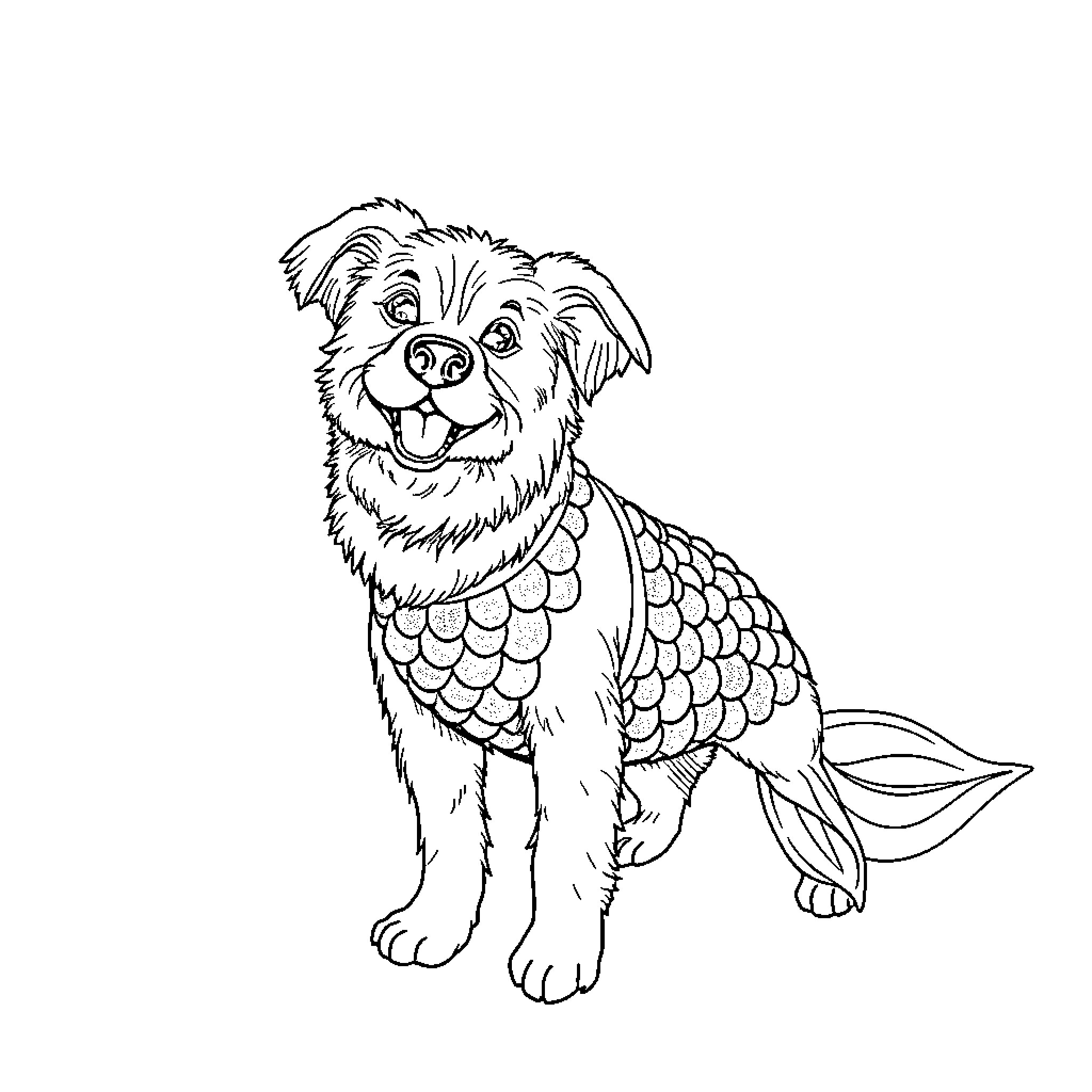 Dog dressed as mermaid tail wagging happily Coloring Page (free black-and-white line drawing printable PDF for all, from beginners to advanced learners, including children, teens, adults, and seniors)