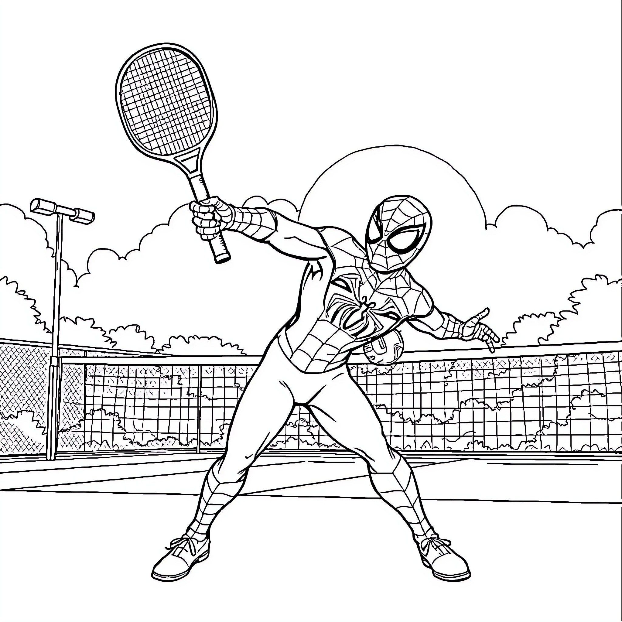 Spiderman playing tennis on a court Coloring Page (free black-and-white line drawing printable PDF for all, from beginners to advanced learners, including children, teens, adults, and seniors)
