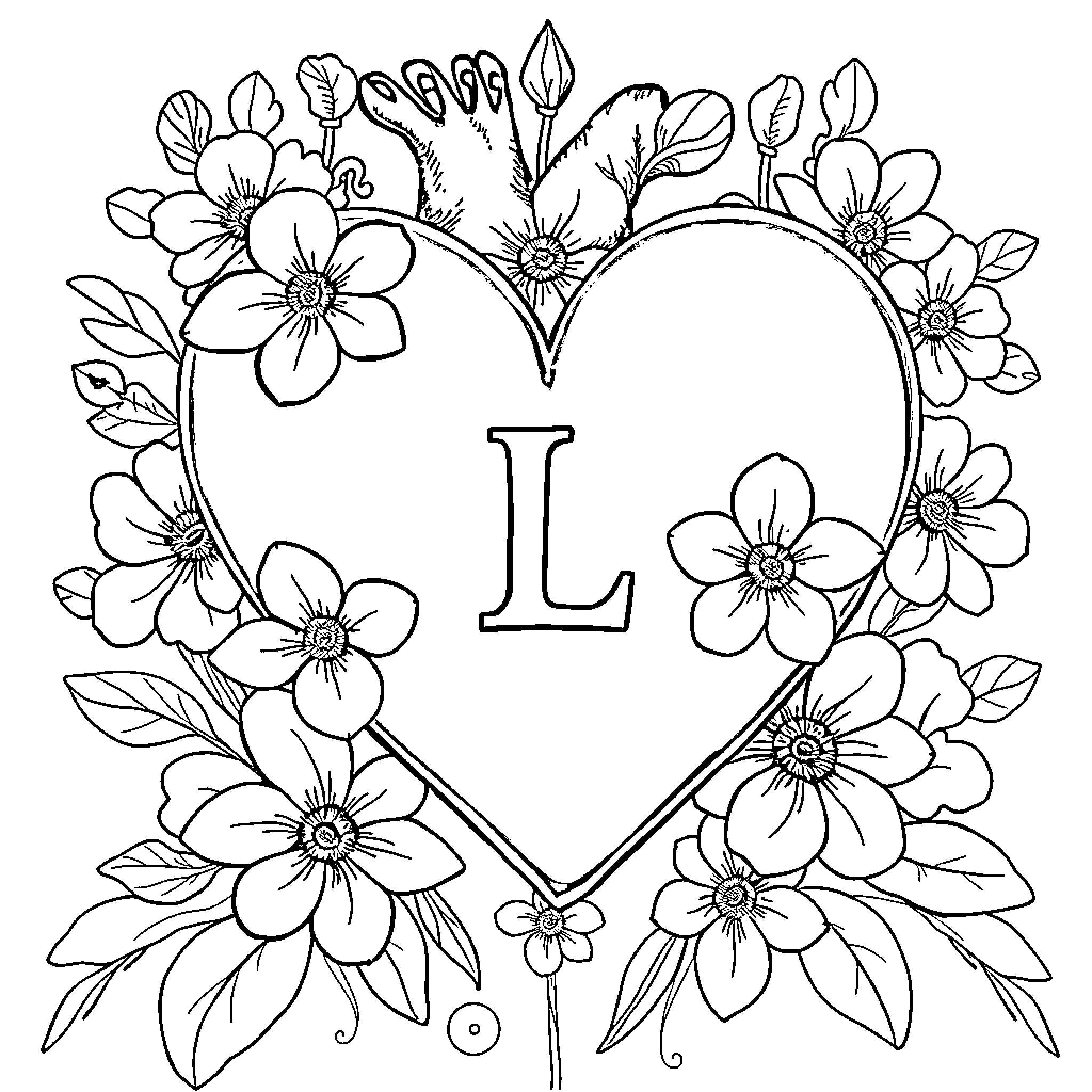 Heart-shaped Floral Frame with Initial Letter Coloring Page (free black-and-white line drawing printable PDF for all, from beginners to advanced learners, including children, teens, adults, and seniors)