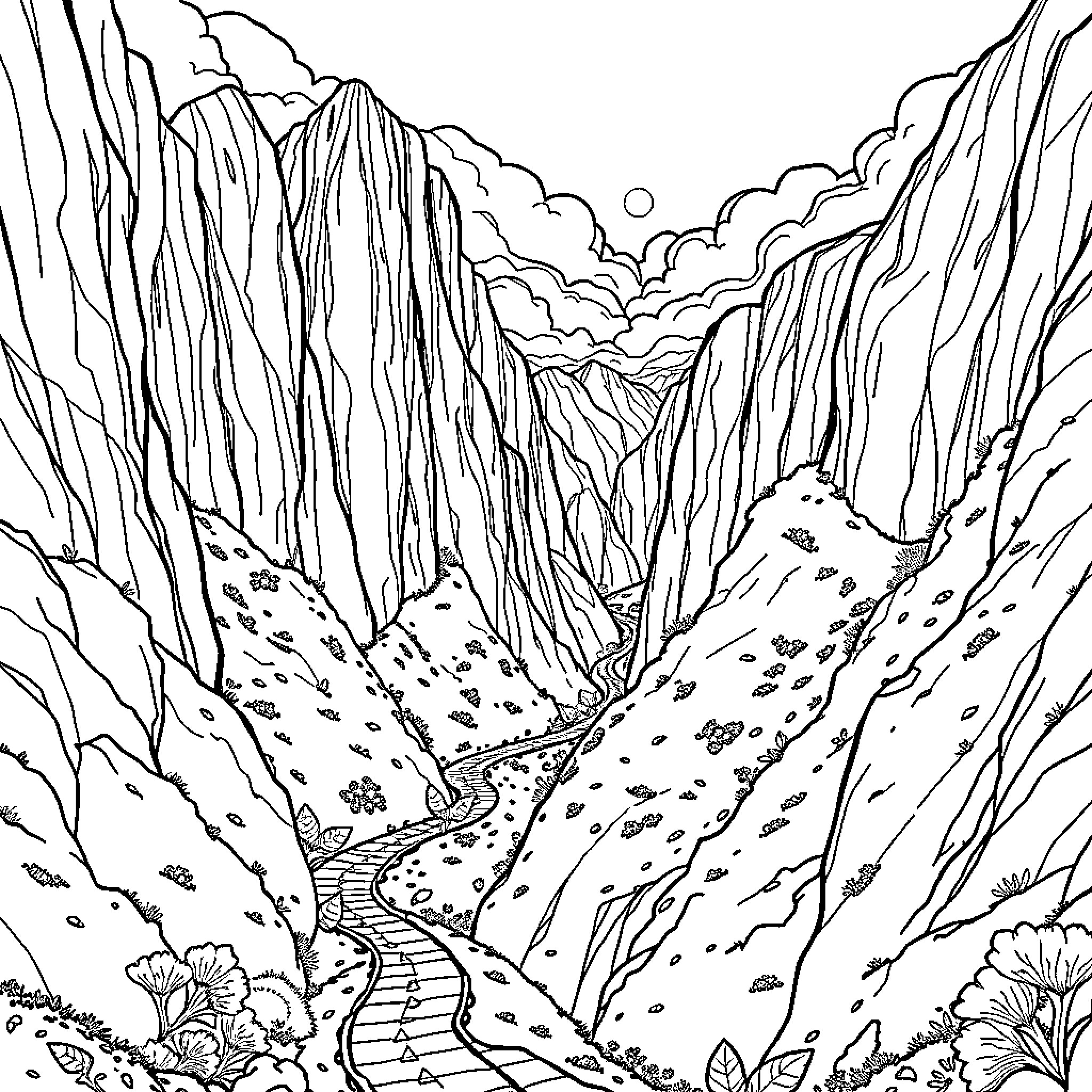 Maze of Winding Paths Through Mountainous Terrain Coloring Page (free black-and-white line drawing printable PDF for all, from beginners to advanced learners, including children, teens, adults, and seniors)