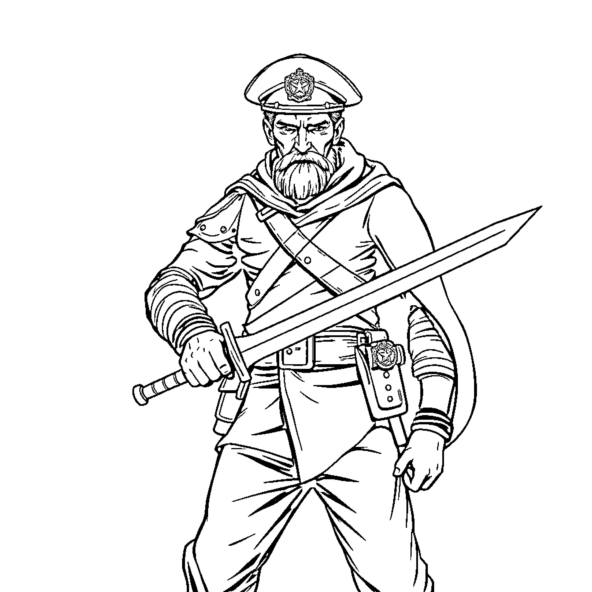 Veteran Sailor Wielding Sword and Firearm Coloring Page (free black-and-white line drawing printable PDF for all, from beginners to advanced learners, including children, teens, adults, and seniors)