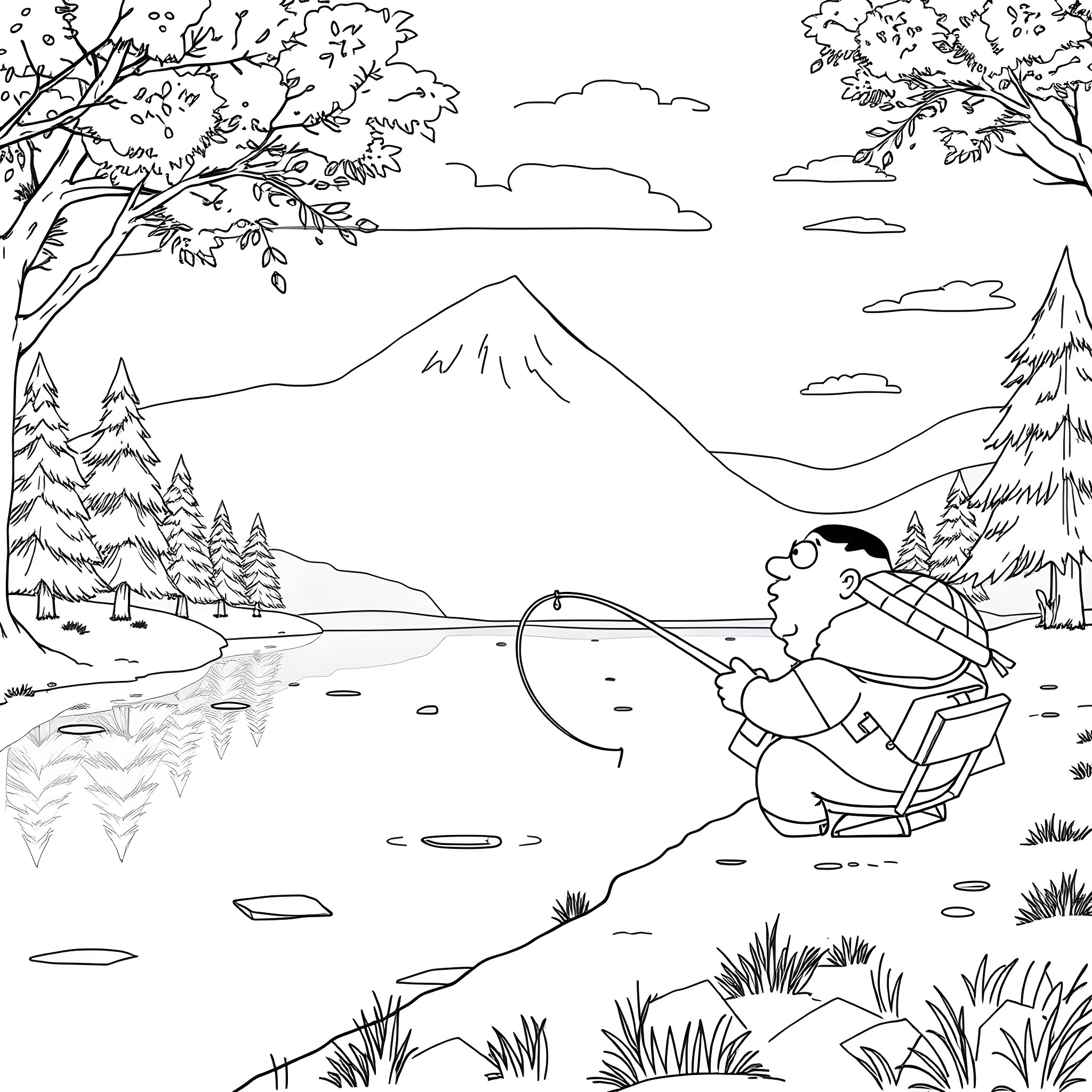 Brian's Peaceful Fishing Adventure in the Mountains Coloring Page (free black-and-white line drawing printable PDF for all, from beginners to advanced learners, including children, teens, adults, and seniors)