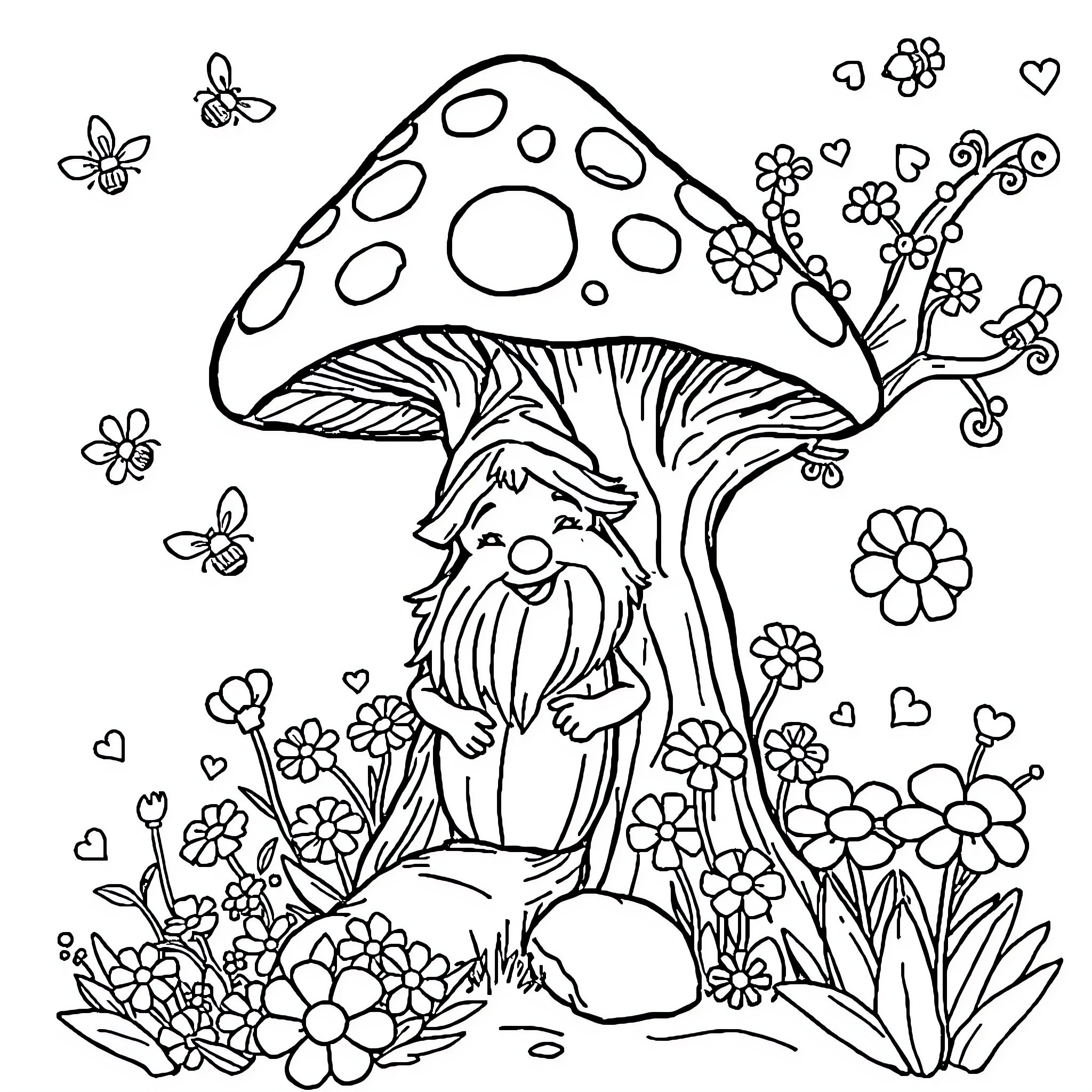 Gnome hidden among mushrooms and flowers Coloring Page (free black-and-white line drawing printable PDF for all, from beginners to advanced learners, including children, teens, adults, and seniors)
