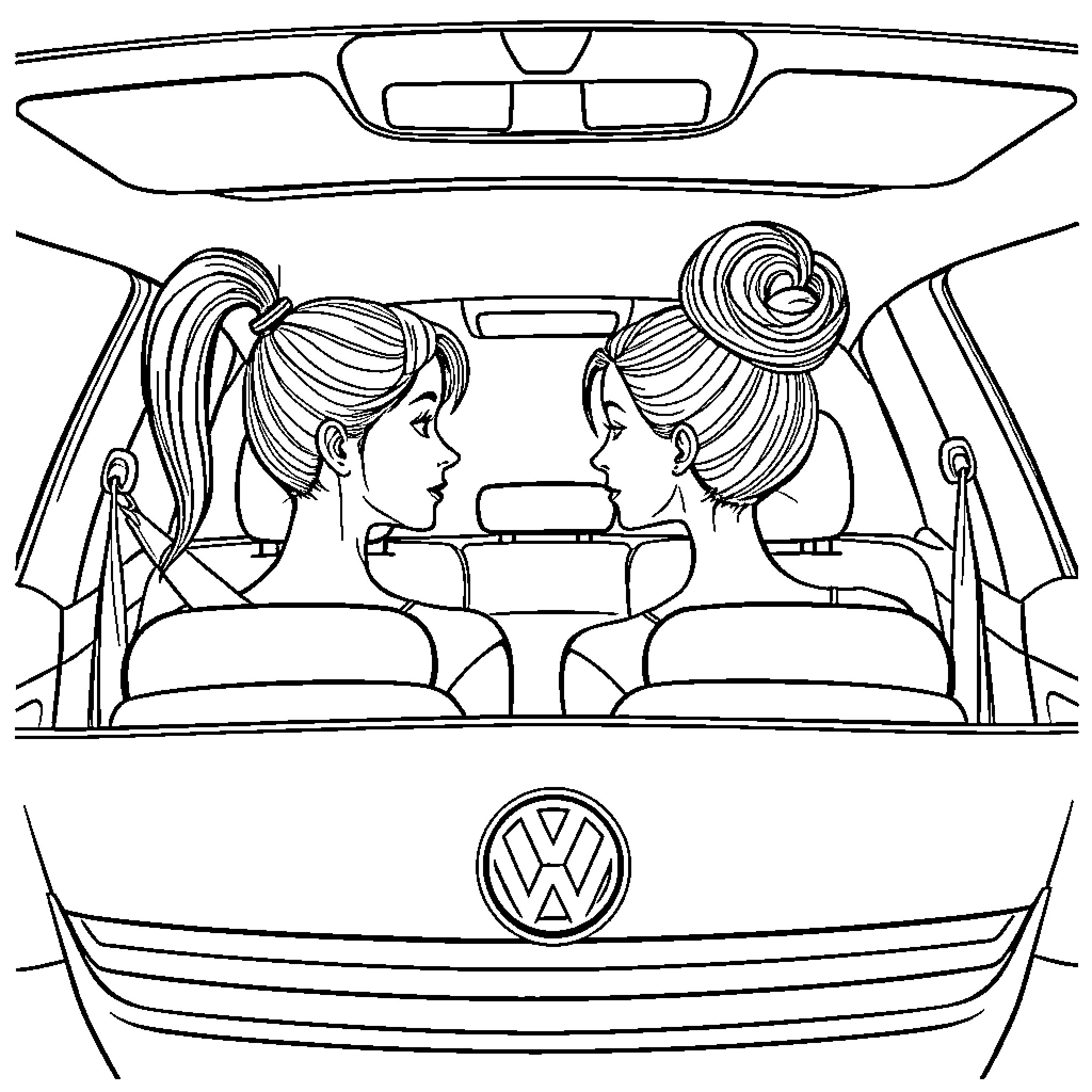 Girls chatting in a car Coloring Page (free black-and-white line drawing printable PDF for all, from beginners to advanced learners, including children, teens, adults, and seniors)