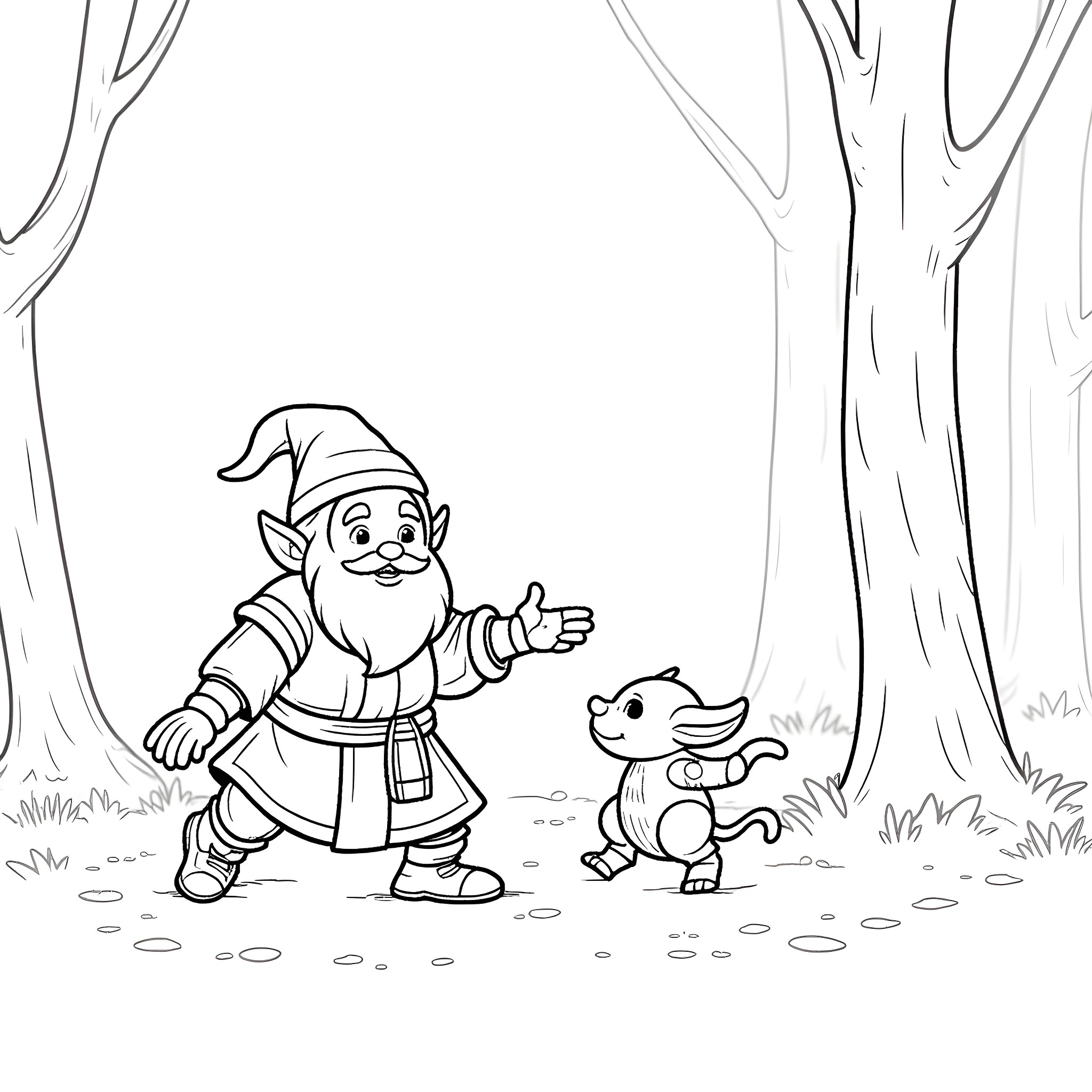 Gnome playing with forest animal friend Coloring Page (free black-and-white line drawing printable PDF for all, from beginners to advanced learners, including children, teens, adults, and seniors)
