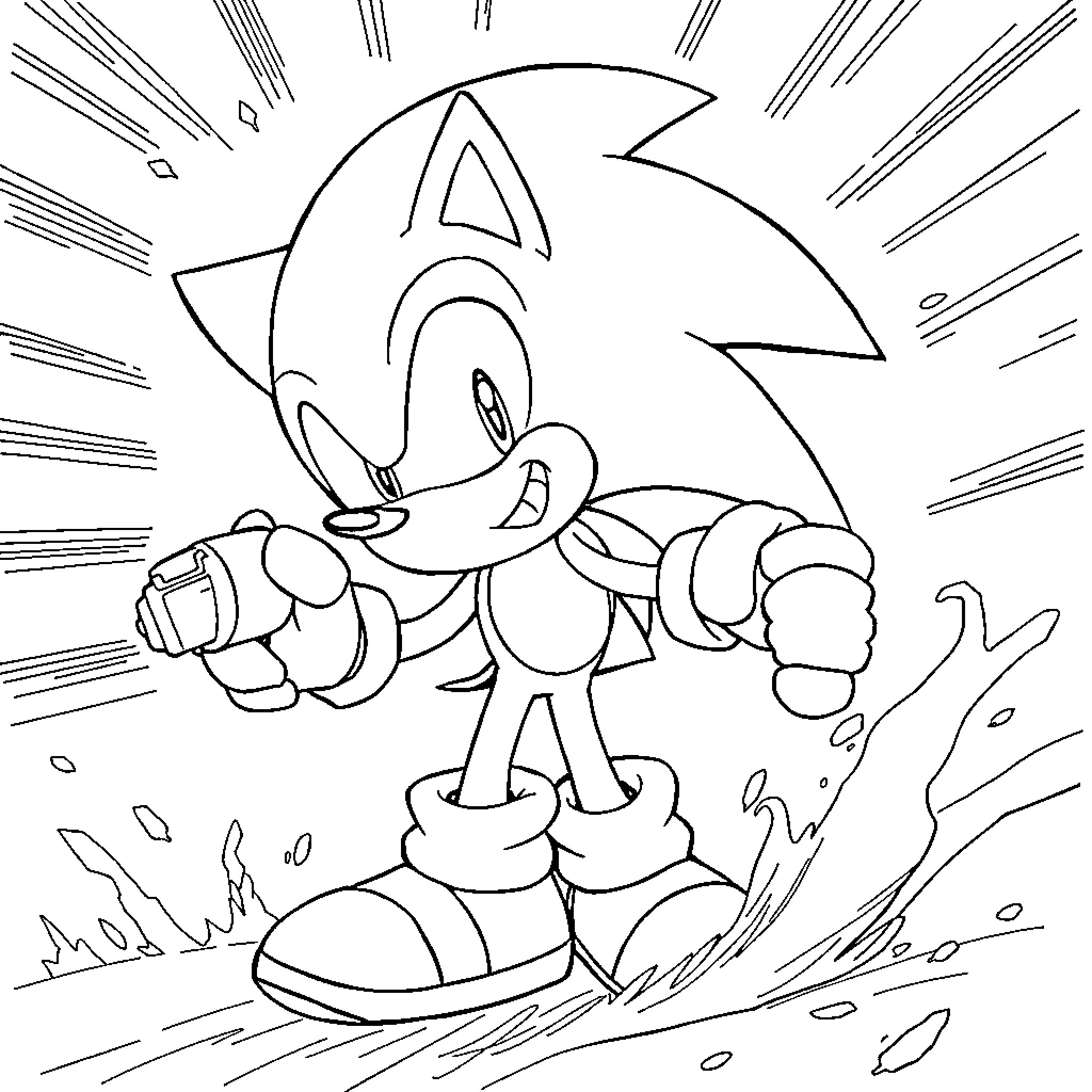 Sonic the Hedgehog in action-packed pose Coloring Page (free black-and-white line drawing printable PDF for all, from beginners to advanced learners, including children, teens, adults, and seniors)