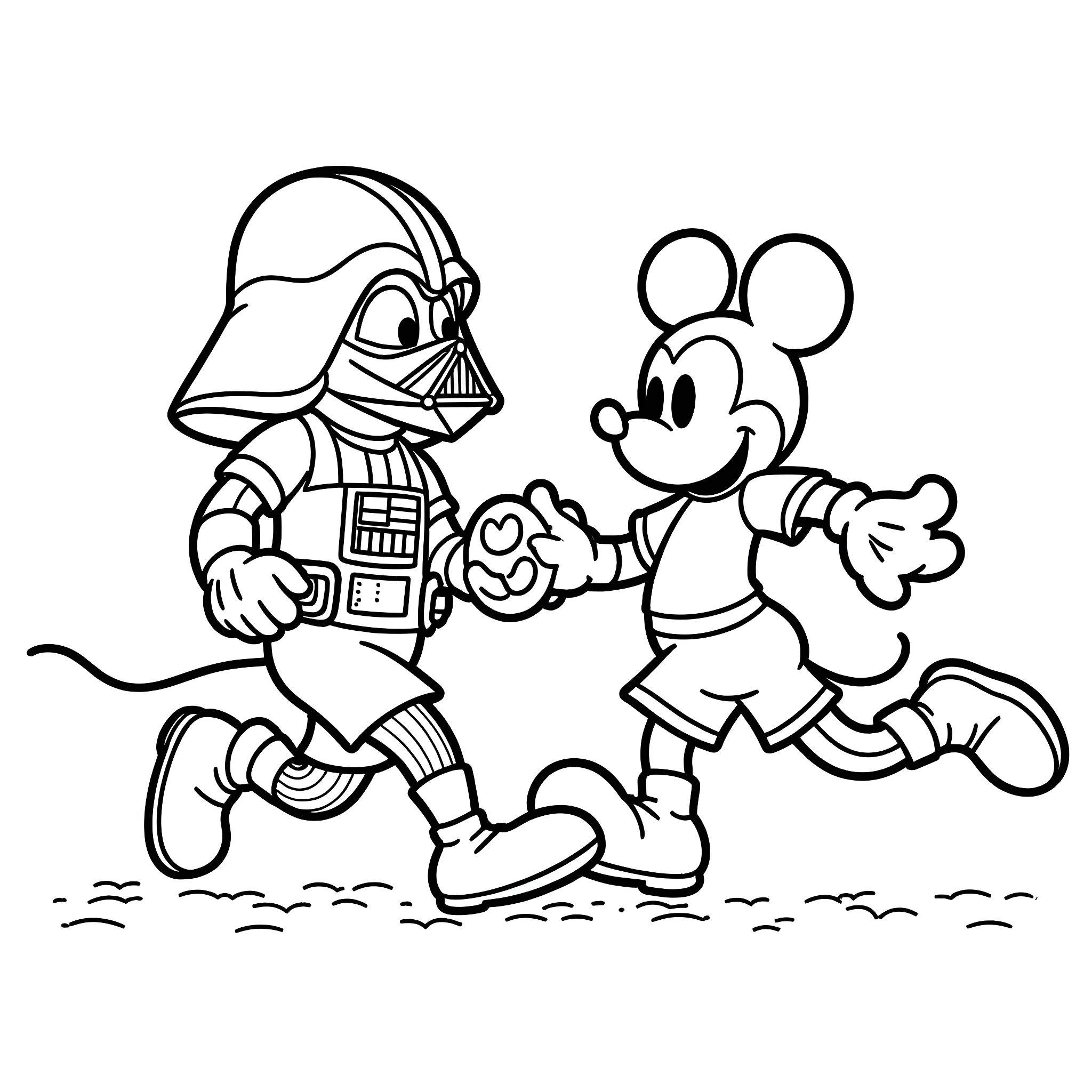 Darth Vader and Mickey Mouse interacting playfully Coloring Page (free black-and-white line drawing printable PDF for all, from beginners to advanced learners, including children, teens, adults, and seniors)