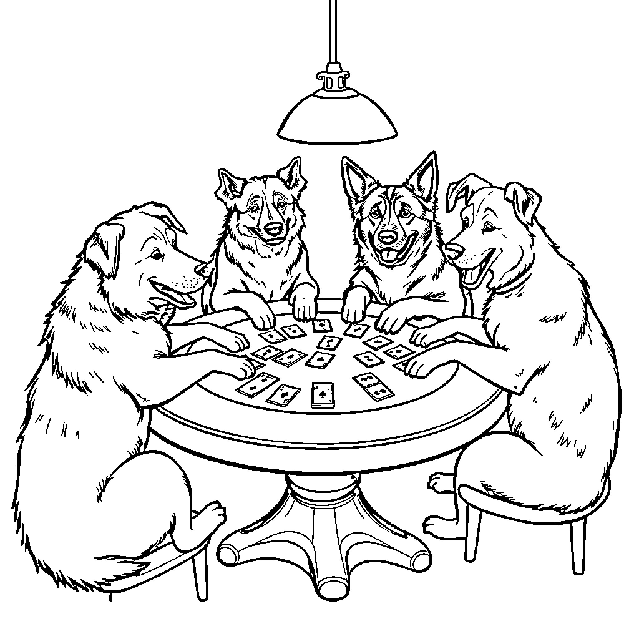 Dogs Playing Cards Together Under Lamp Coloring Page (free black-and-white line drawing printable PDF for all, from beginners to advanced learners, including children, teens, adults, and seniors)
