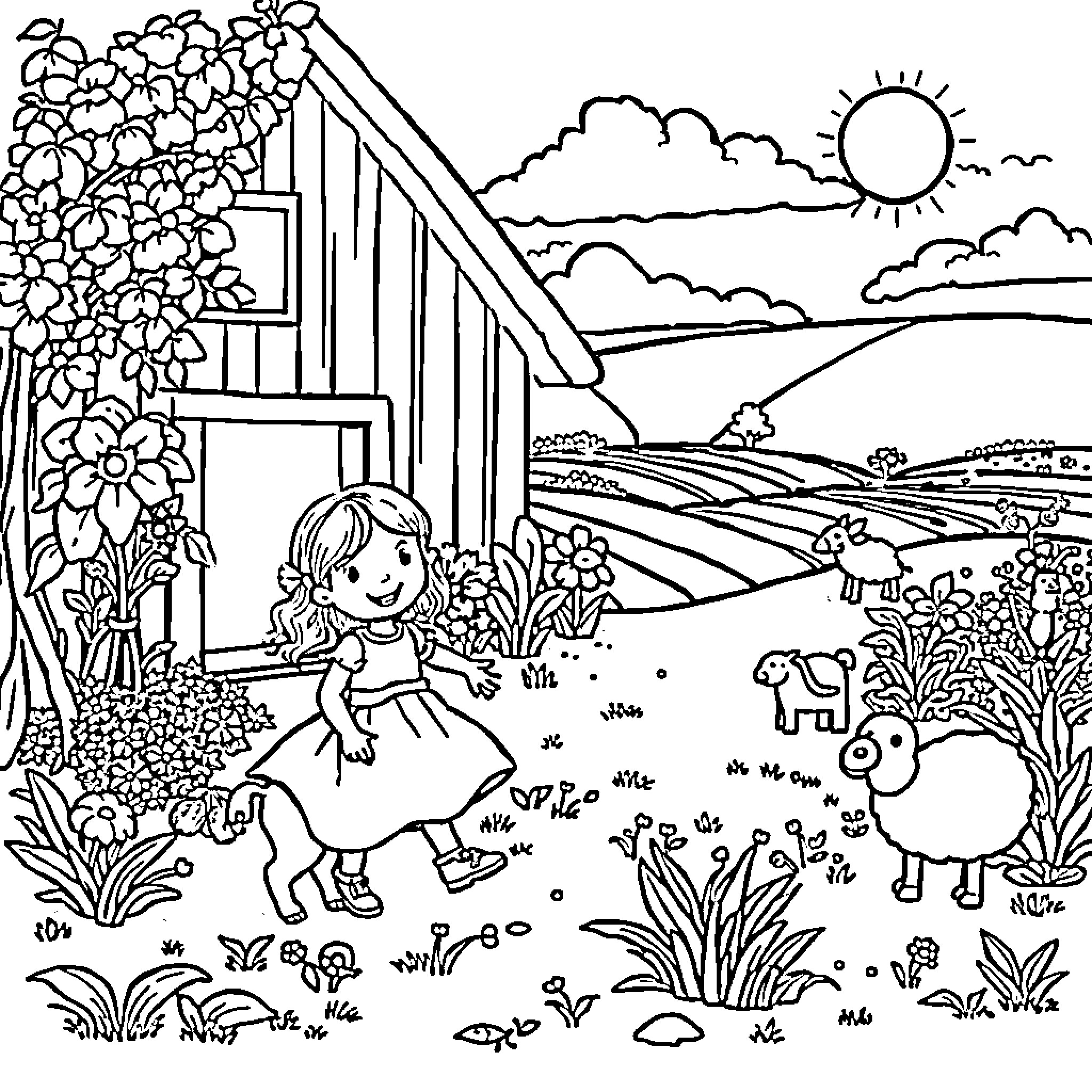Girl playing in a blooming garden by the countryside Coloring Page (free black-and-white line drawing printable PDF for all, from beginners to advanced learners, including children, teens, adults, and seniors)