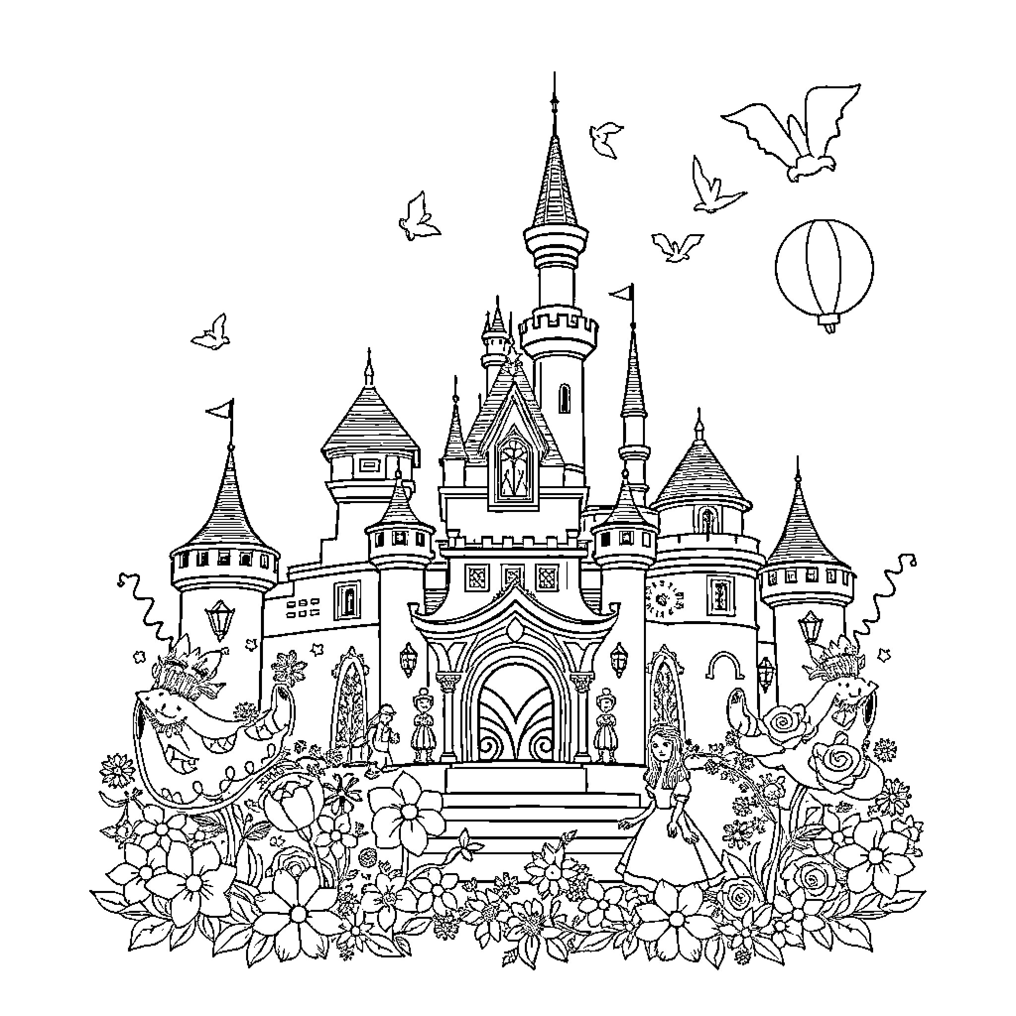 Alice's Enchanting Castle Adventure Coloring Page (free black-and-white line drawing printable PDF for all, from beginners to advanced learners, including children, teens, adults, and seniors)