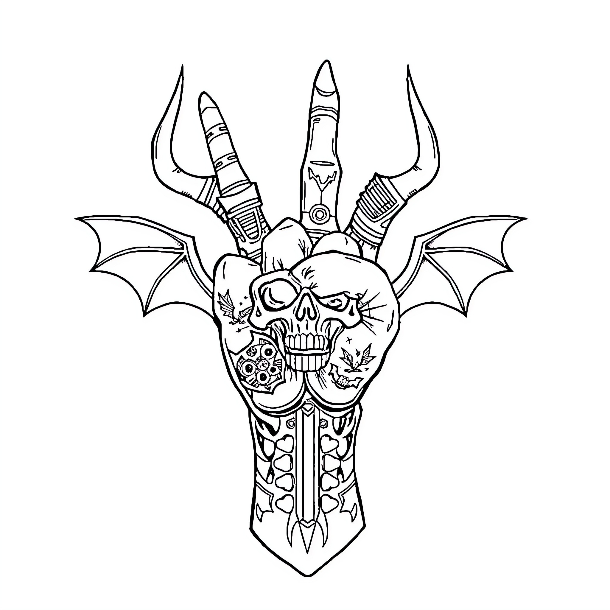 Hand-drawn fantasy dagger with skull and wings Coloring Page (free black-and-white line drawing printable PDF for all, from beginners to advanced learners, including children, teens, adults, and seniors)