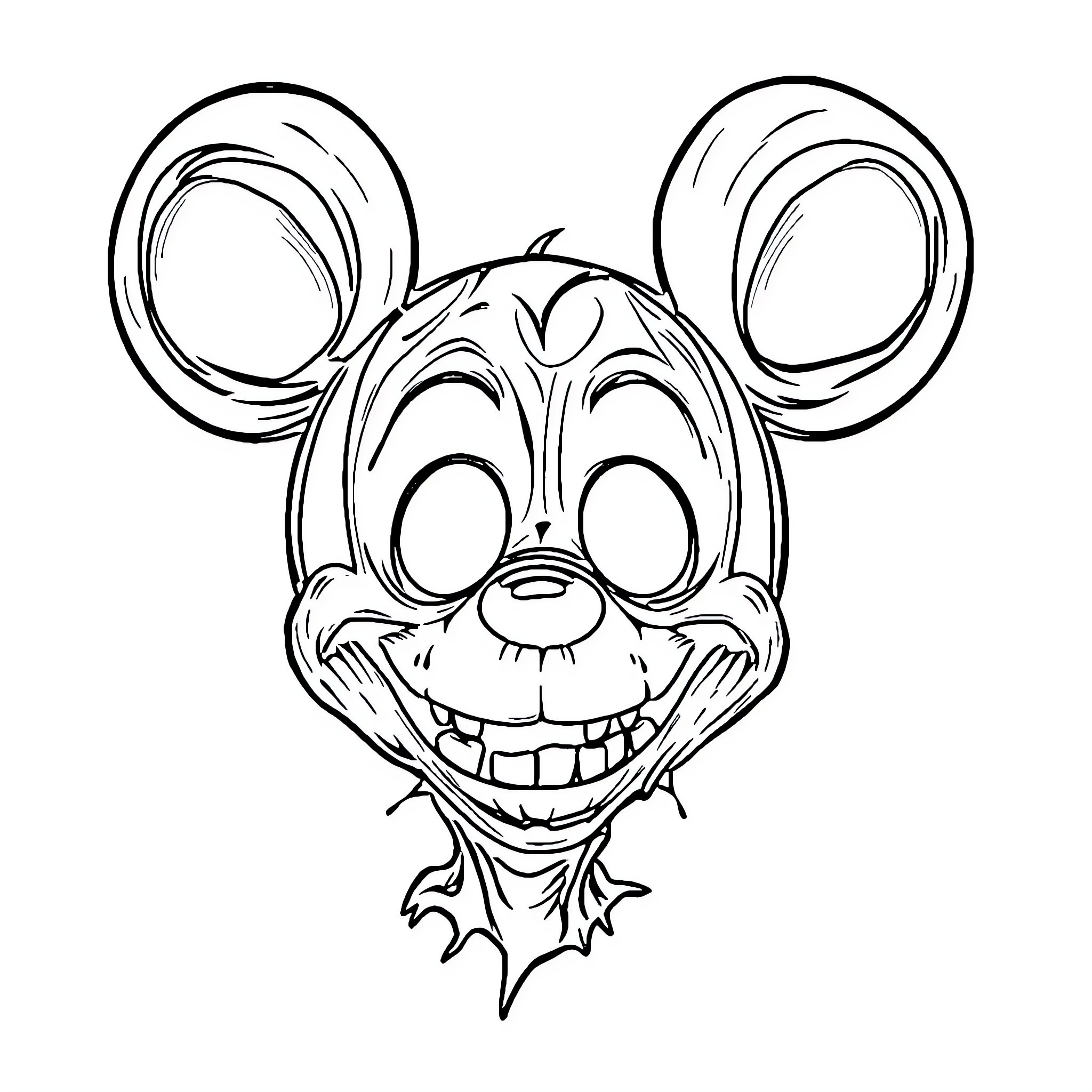 Mickey Mouse's Spooky Grin Coloring Page (free black-and-white line drawing printable PDF for all, from beginners to advanced learners, including children, teens, adults, and seniors)