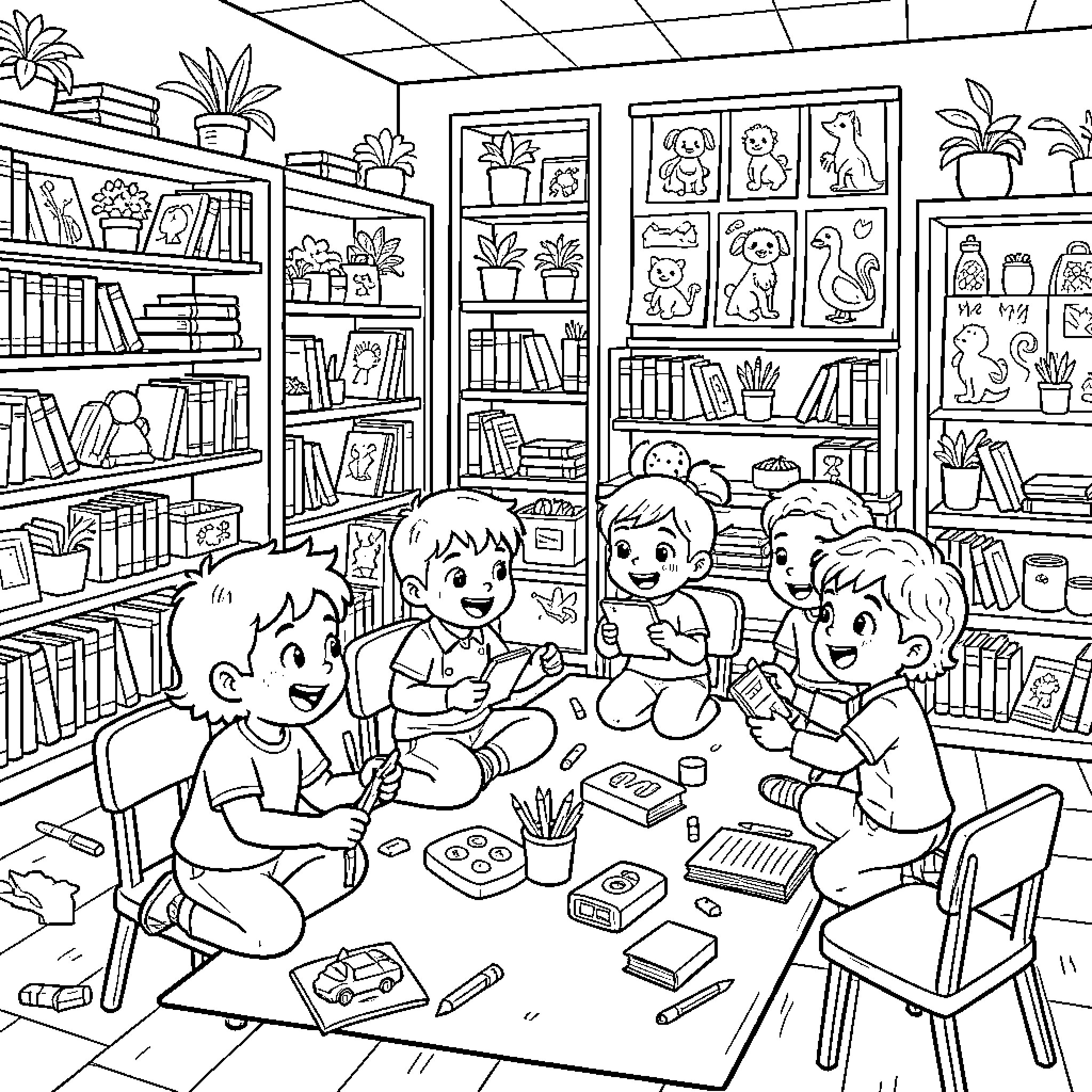Kids playing and learning in a cozy library Coloring Page (free black-and-white line drawing printable PDF for all, from beginners to advanced learners, including children, teens, adults, and seniors)