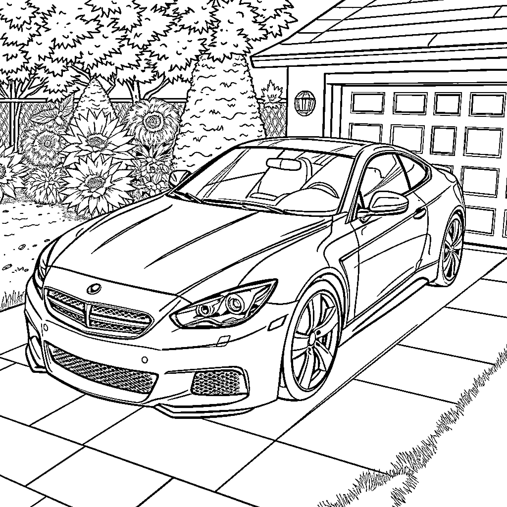 Car in Scenic Driveway with Floral Decor Coloring Page (free black-and-white line drawing printable PDF for all, from beginners to advanced learners, including children, teens, adults, and seniors)