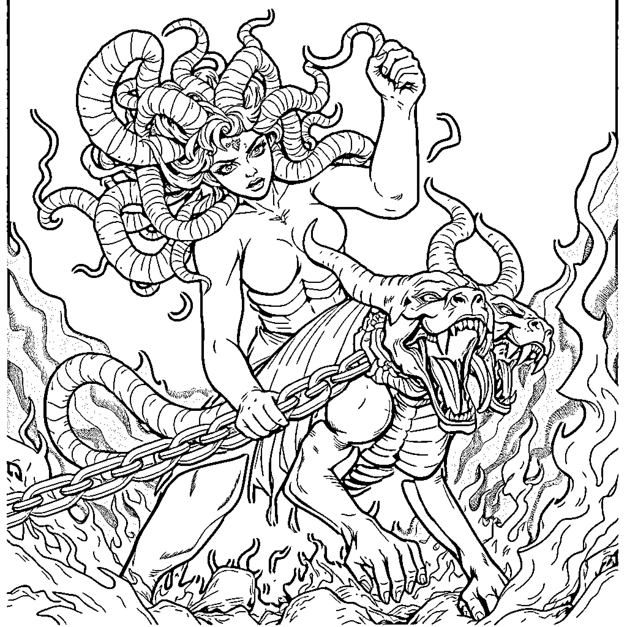 Medusa battling a fearsome creature with fiery determination Coloring Page (free black-and-white line drawing printable PDF for all, from beginners to advanced learners, including children, teens, adults, and seniors)