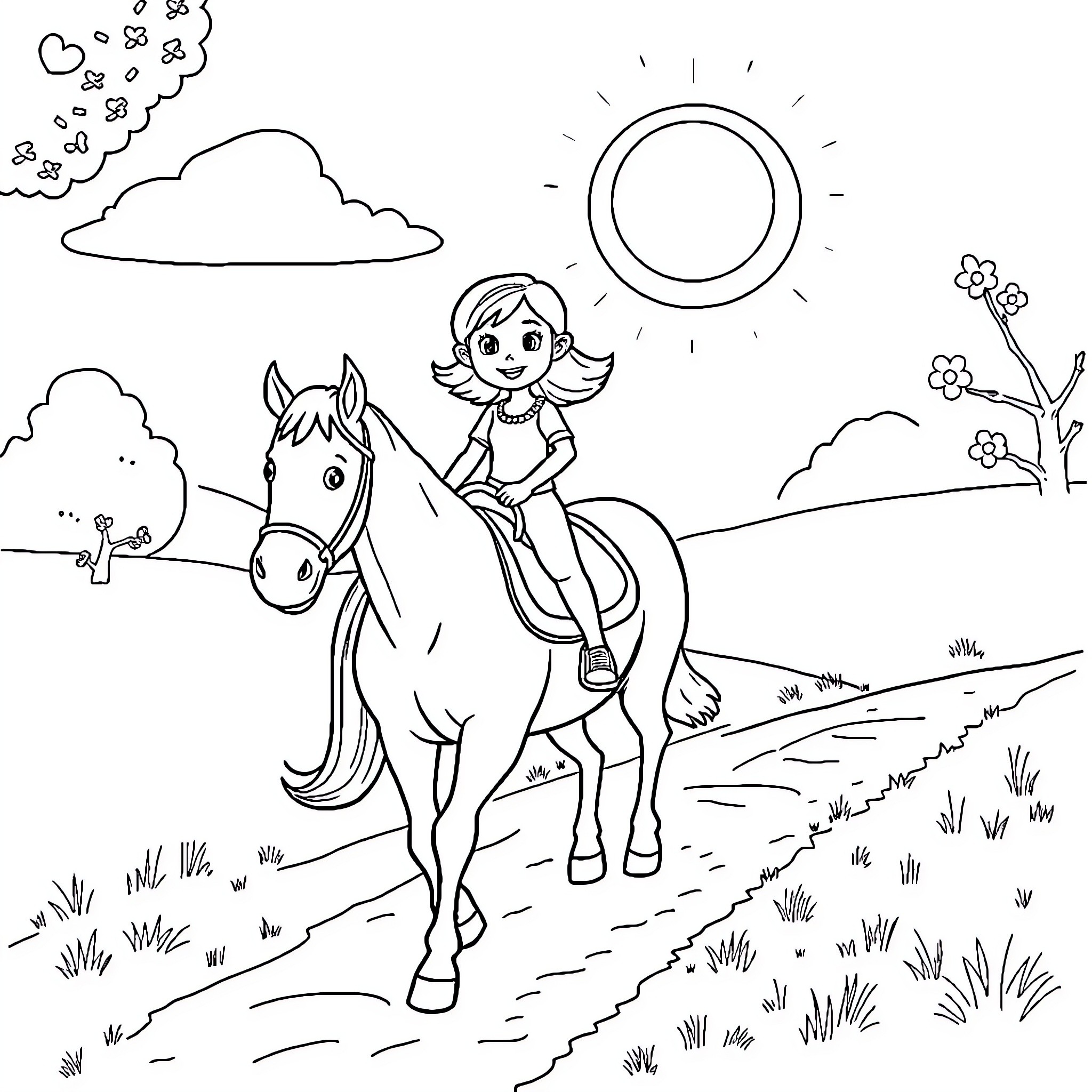 Girl riding a horse on a sunny day Coloring Page (free black-and-white line drawing printable PDF for all, from beginners to advanced learners, including children, teens, adults, and seniors)