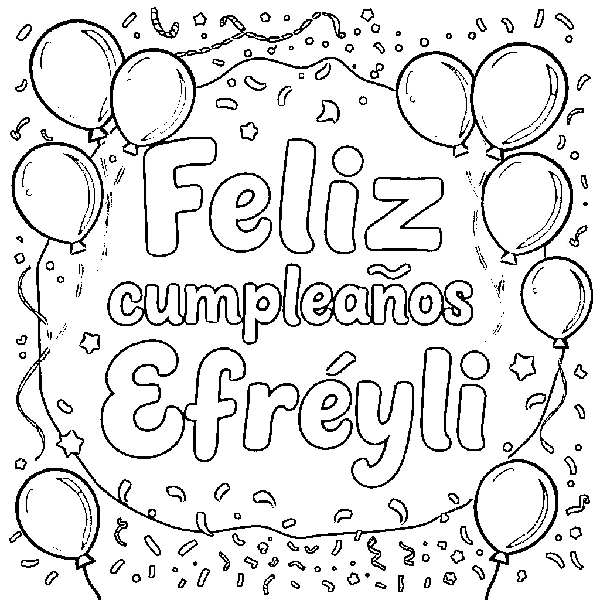 Lettering of a birthday celebration with balloons Coloring Page (free black-and-white line drawing printable PDF for all, from beginners to advanced learners, including children, teens, adults, and seniors)