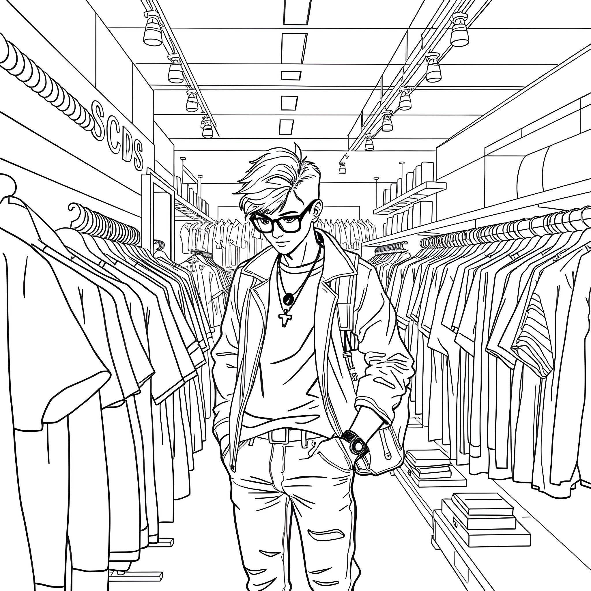 Teen Guy Exploring Trendy Retail Clothing Store Coloring Page (free black-and-white line drawing printable PDF for all, from beginners to advanced learners, including children, teens, adults, and seniors)