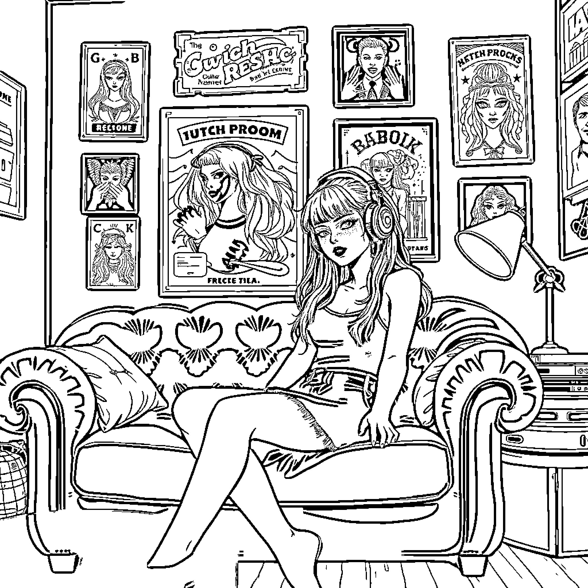 Lady in an artistic room with retro decor Coloring Page (free black-and-white line drawing printable PDF for all, from beginners to advanced learners, including children, teens, adults, and seniors)