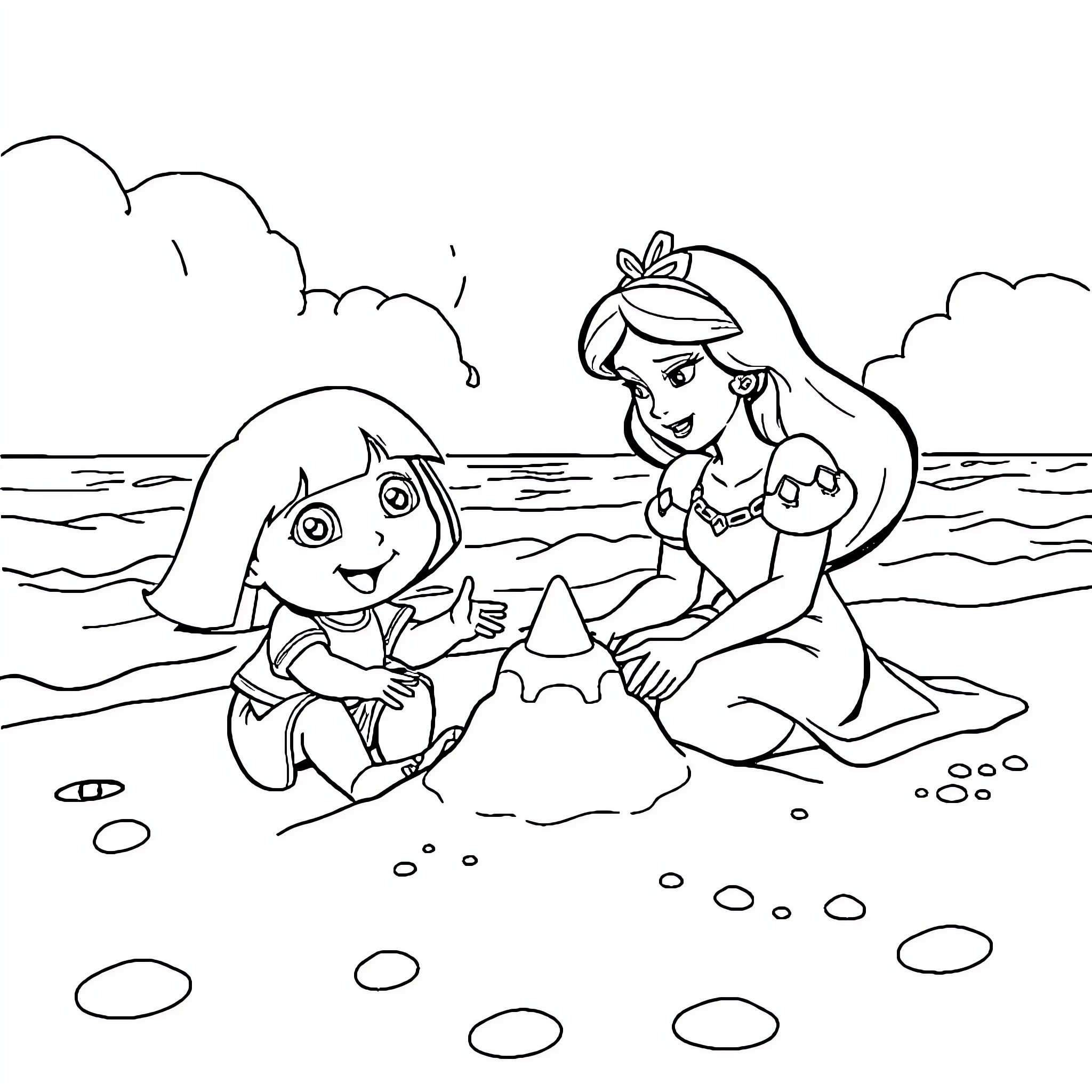 Dora and the mermaid playing on the beach Coloring Page (free black-and-white line drawing printable PDF for all, from beginners to advanced learners, including children, teens, adults, and seniors)